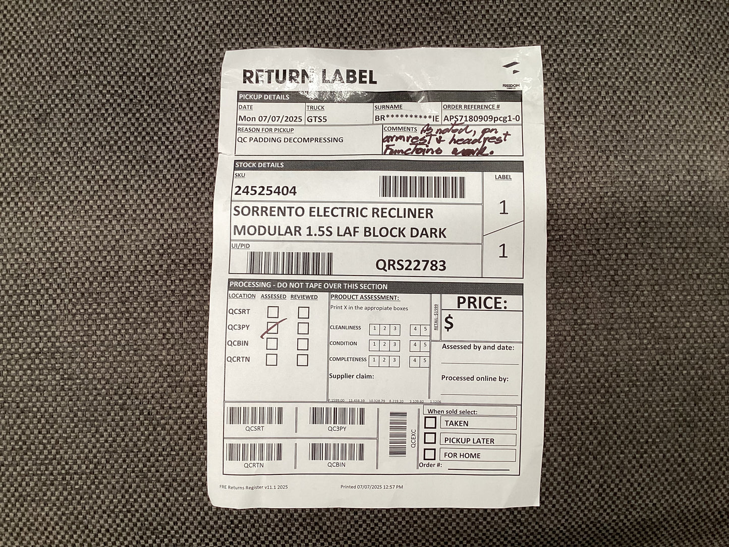 QLD QRS22783 Sorrento Electric Recliner Modular 1.5S (1of2)