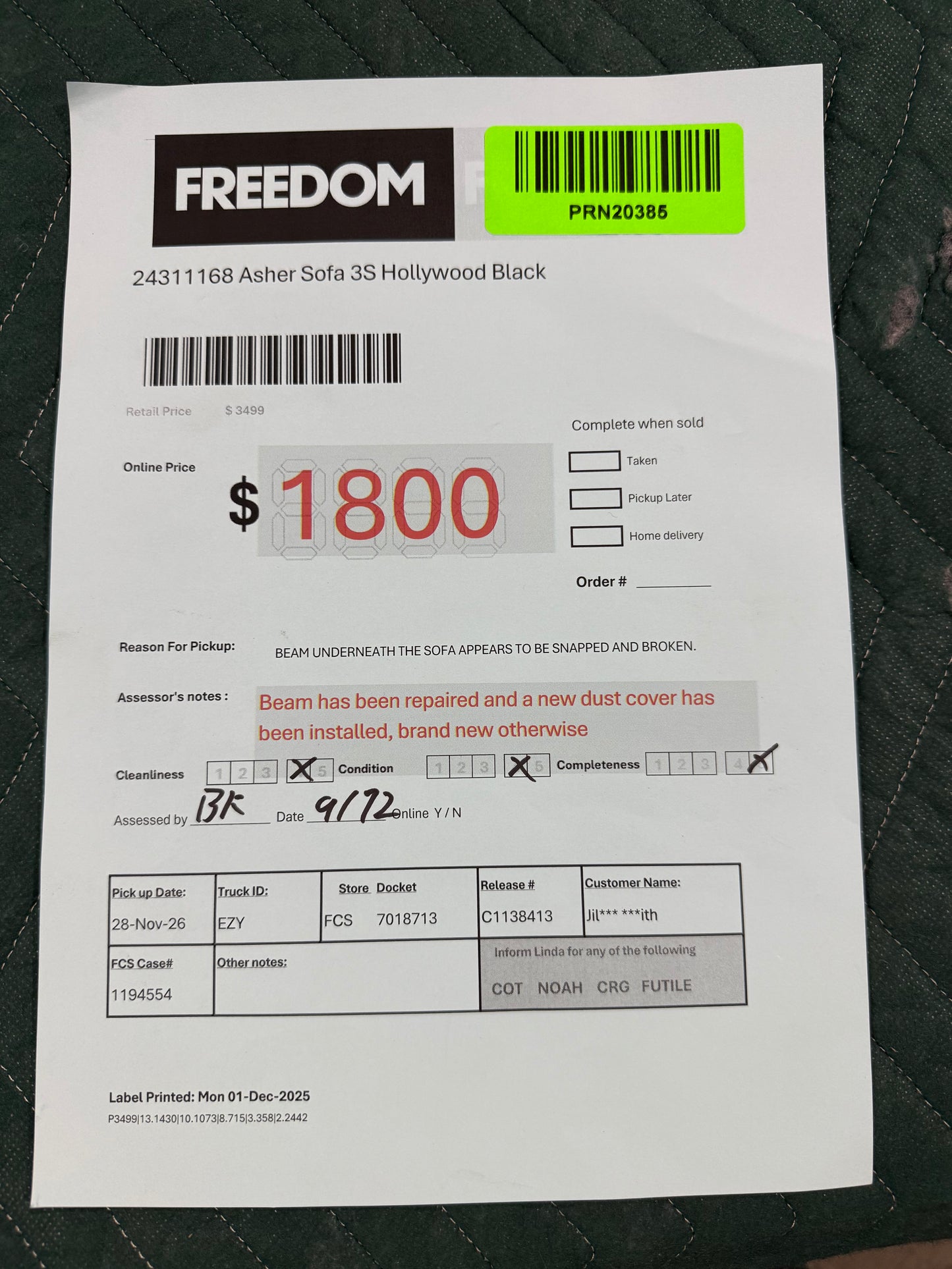 NSW PRN20385 Asher Sofa 3S Hollywood Black