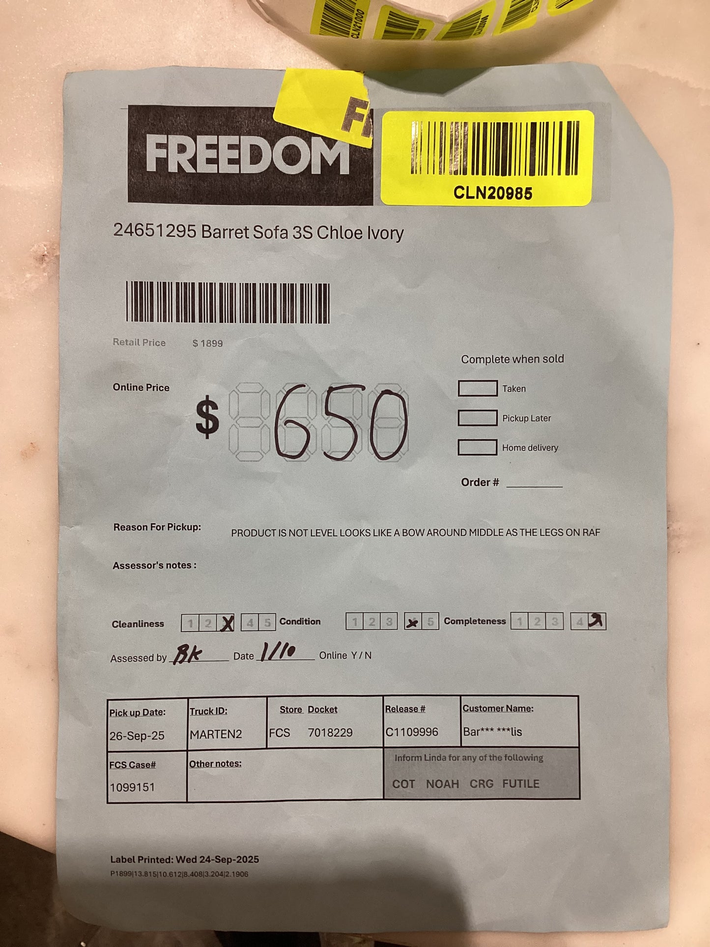 NSW CLN20985 Barret Sofa 3S Chloe Ivory