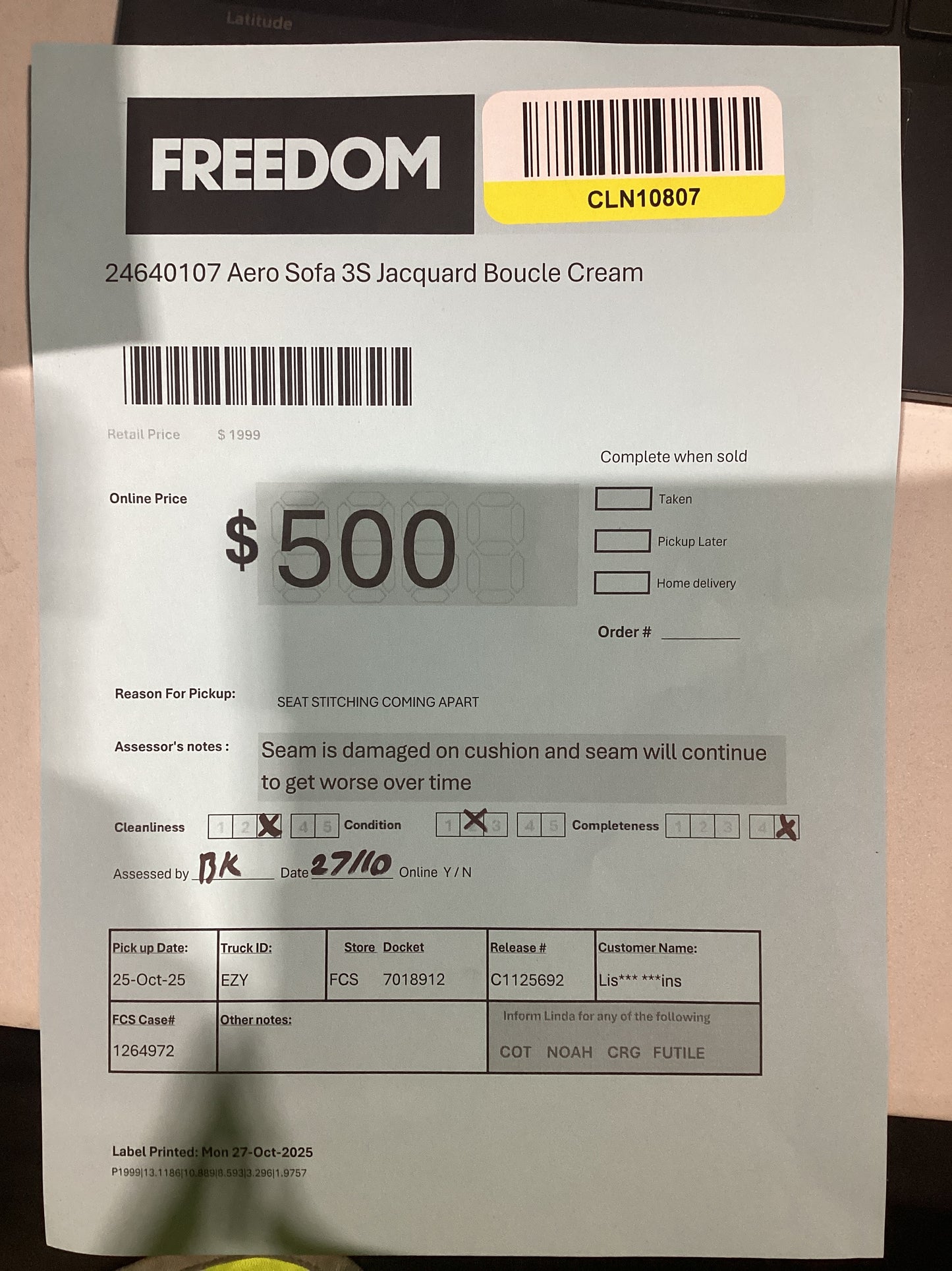 NSW CLN10807 Aero Sofa 3S Jacquard Boucle Cream