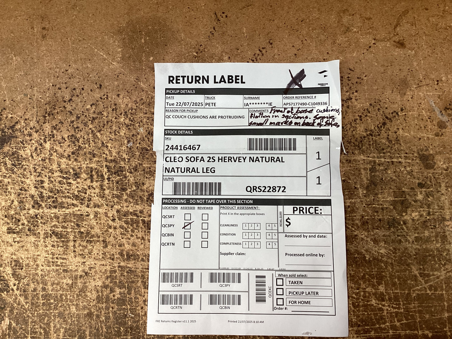 QLD QRS22872 Cleo Sofa 2S Natural Leg Hervey Natural