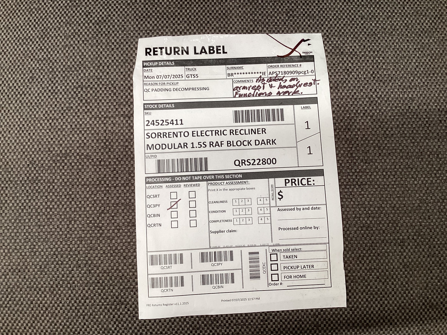 QLD QRS22800 Sorrento Electric Recliner Modular 1.5S (2of2)