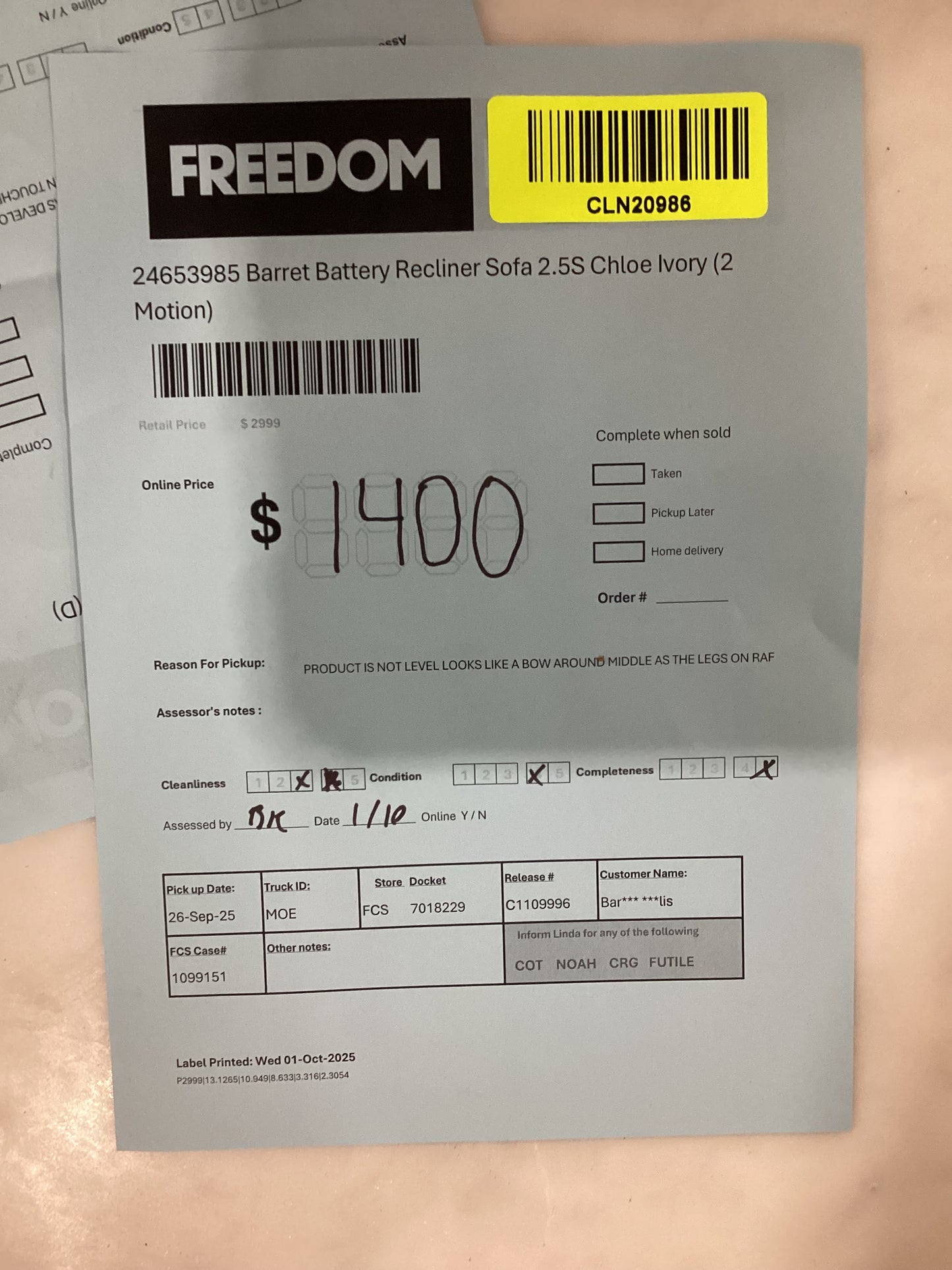 NSW CLN20986 Barret Battery Recliner Sofa 2.5S Chloe Ivory (2 Motion)