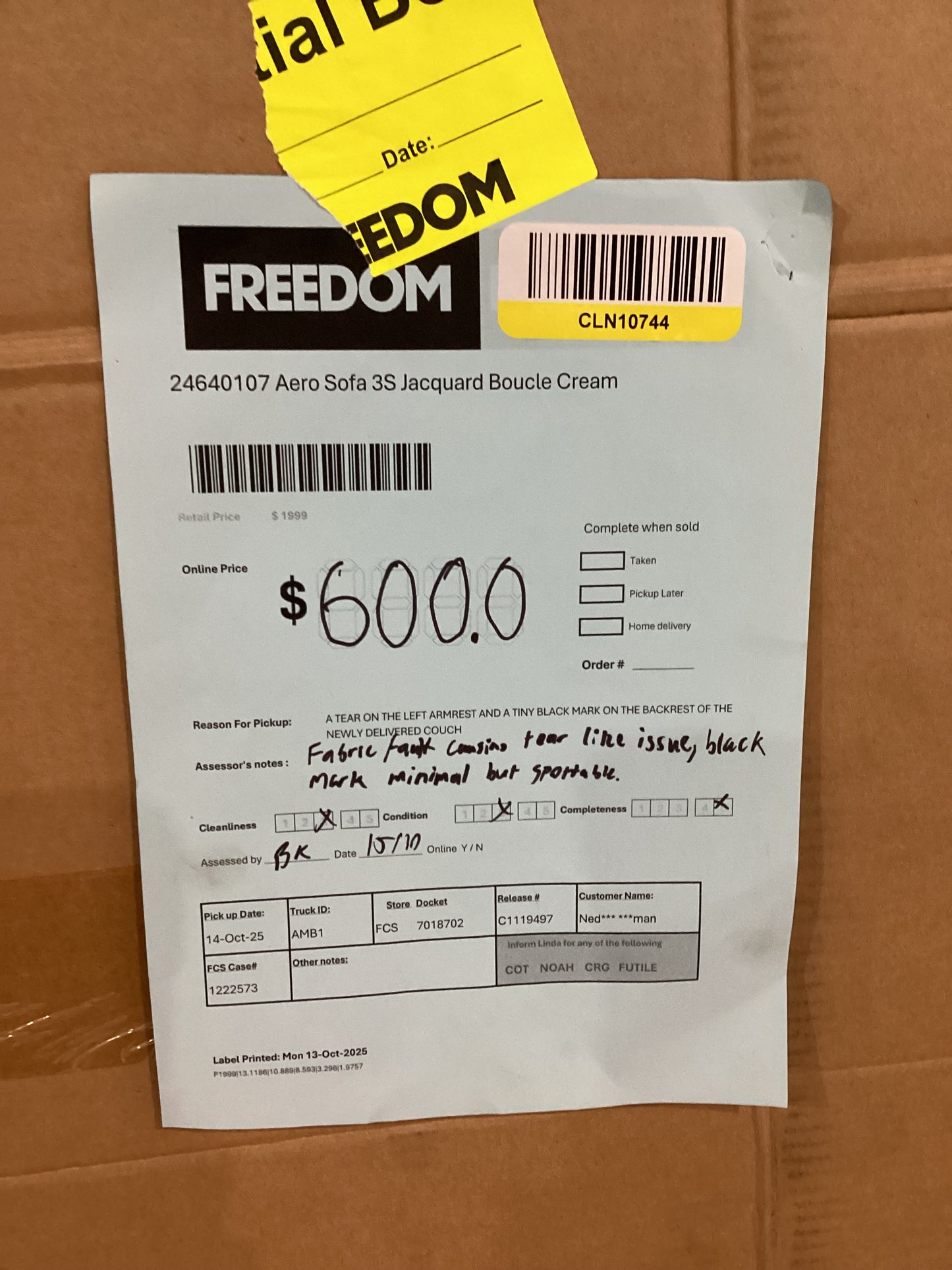 NSW CLN10744 Aero Sofa 3S Jacquard Boucle Cream