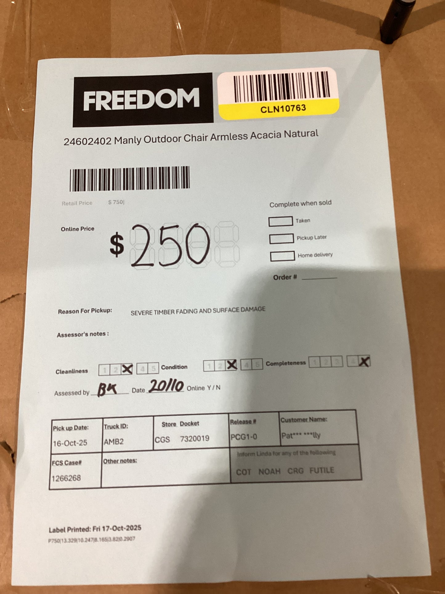 NSW CLN10763 Manly Outdoor Chair Armless Acacia Natural