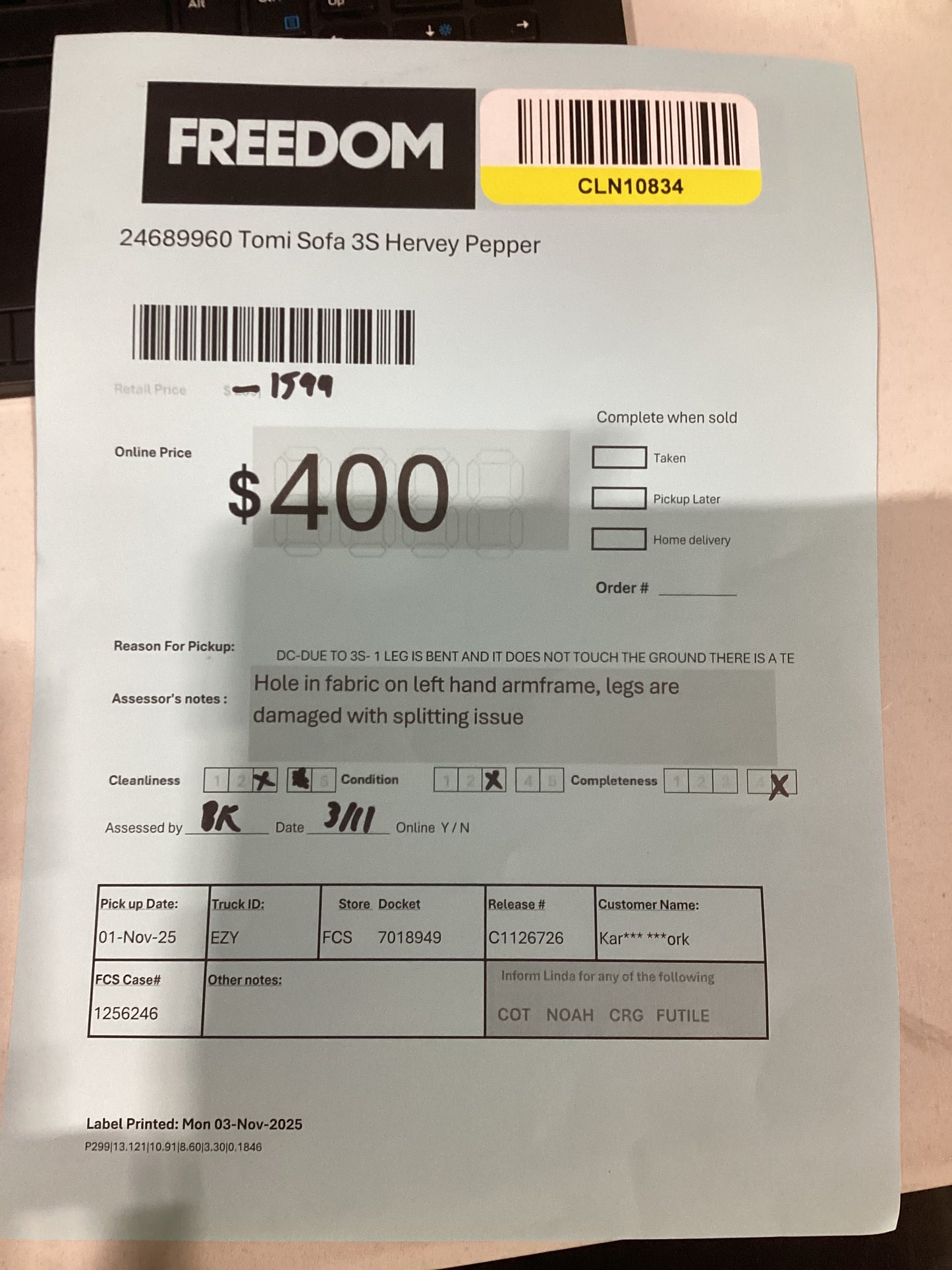 NSW CLN10834 Tomi Sofa 3S Hervey Pepper