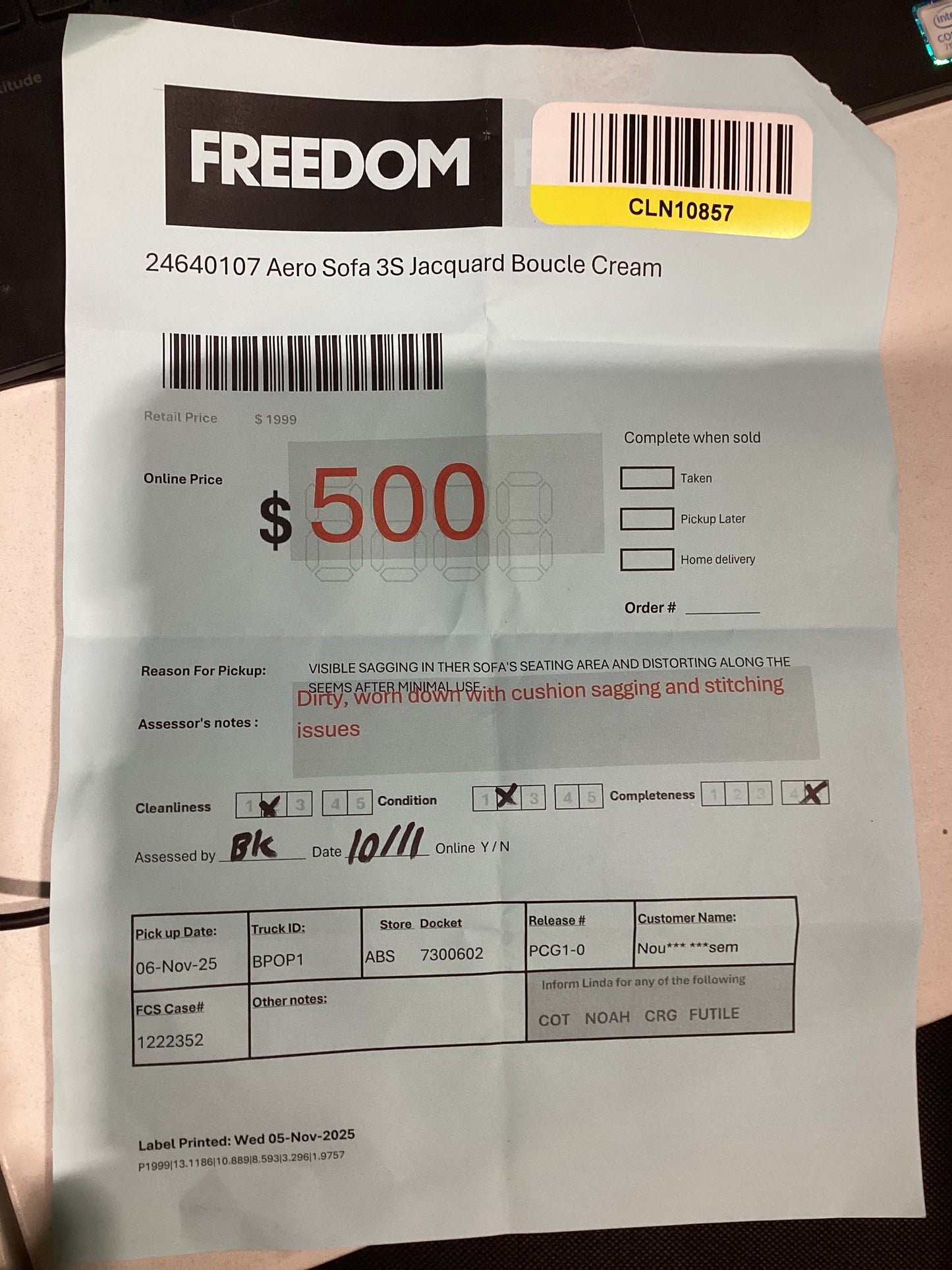 NSW CLN20965 Aero Sofa 3S Jacquard Boucle Cream