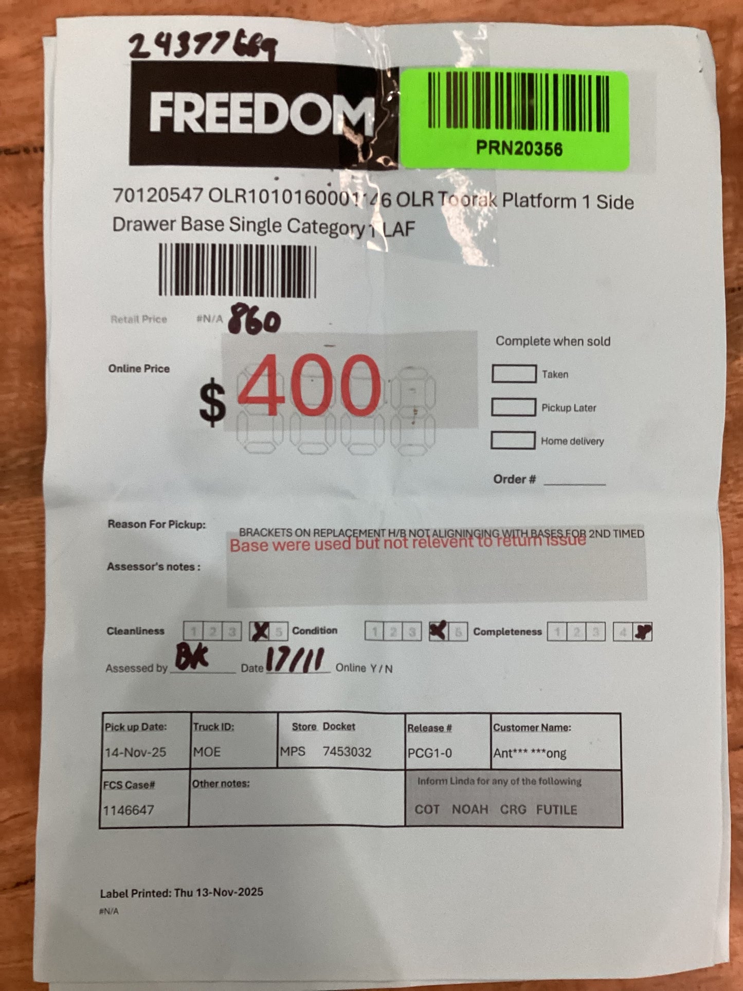 NSW PRN20356 Toorak Platform 1 Side Drawer Base Single LAF