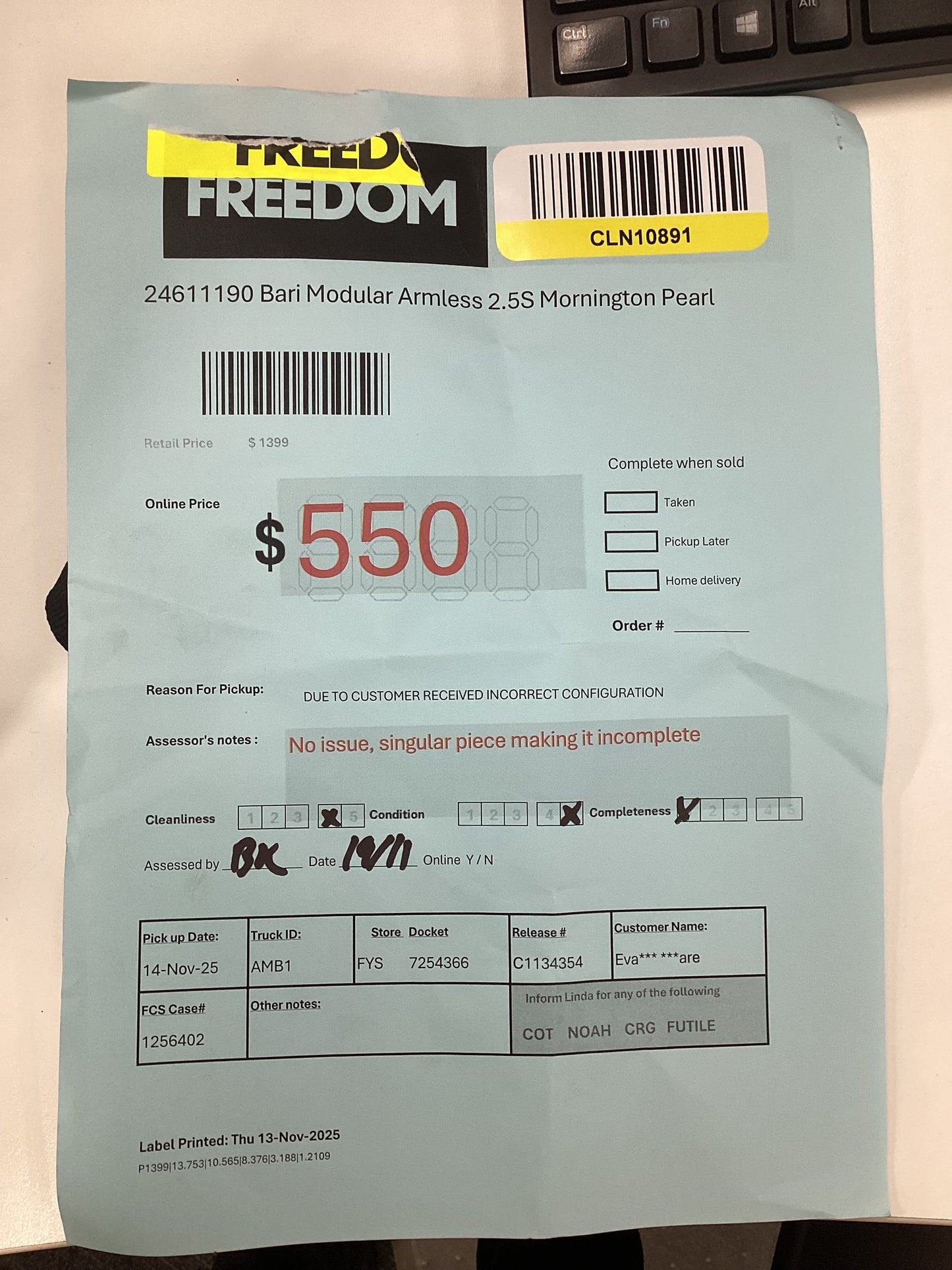 NSW CLN10891 Bari Modular armless 2.5S Mornington Pearl