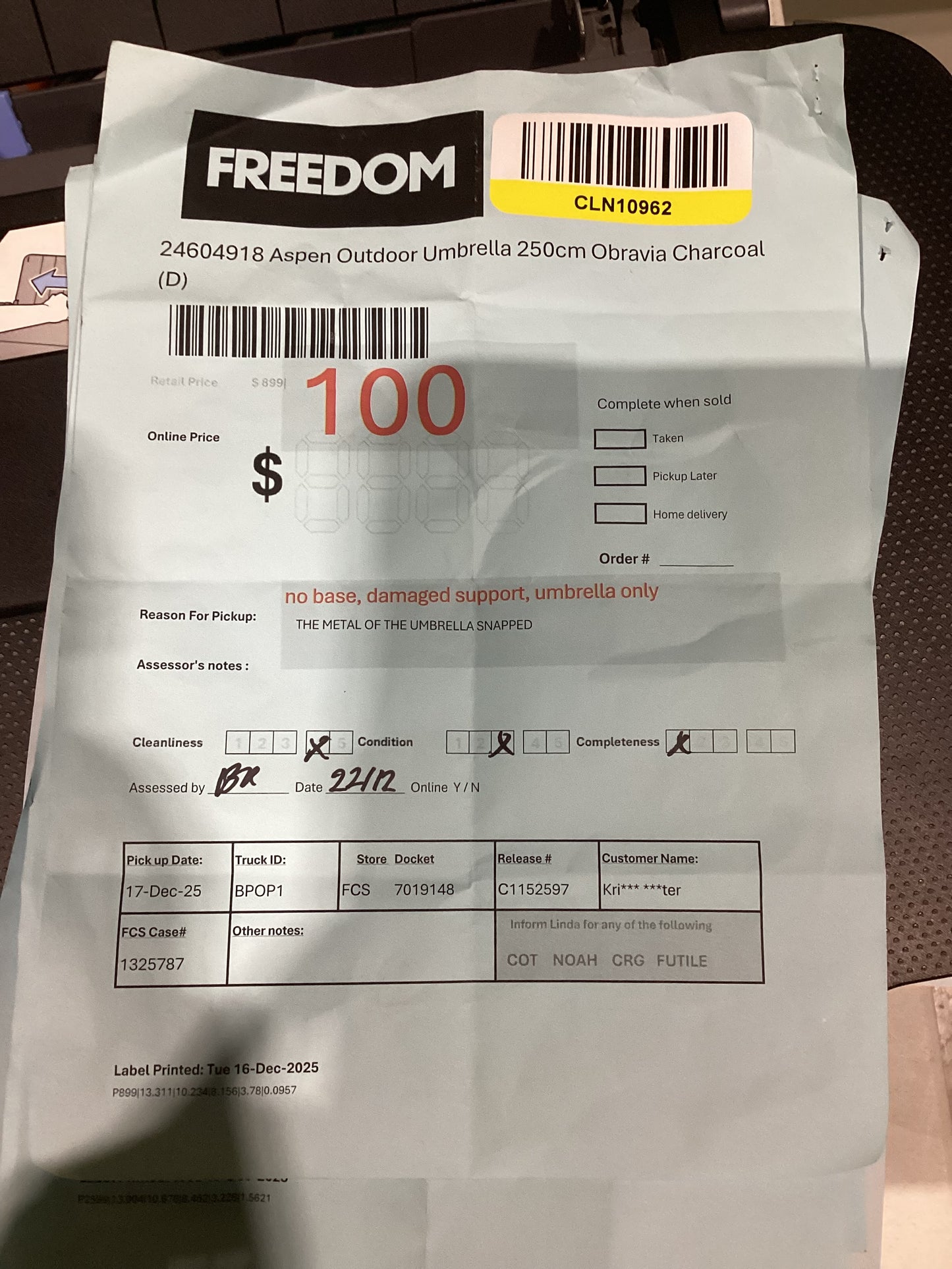 NSW CLN10962 Aspen Outdoor Umbrella 250cm Obravia Charcoal