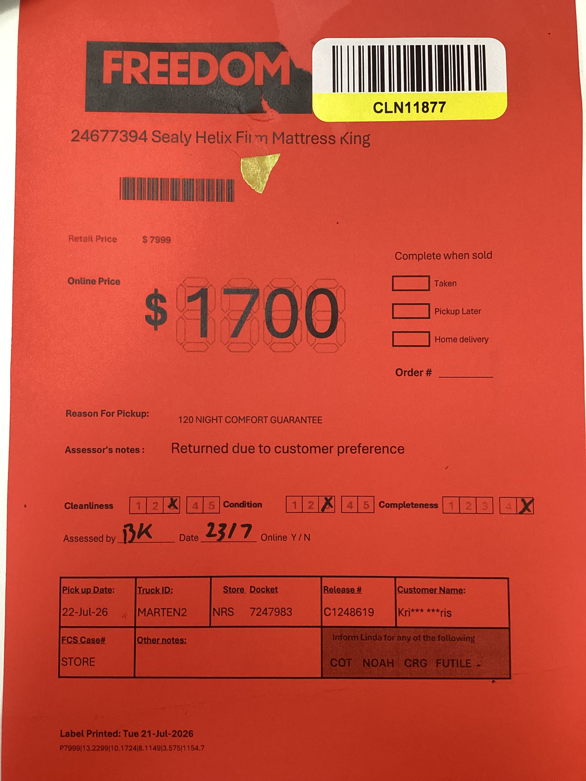 NSW CLN11877 Sealy Helix Firm Mattress King
