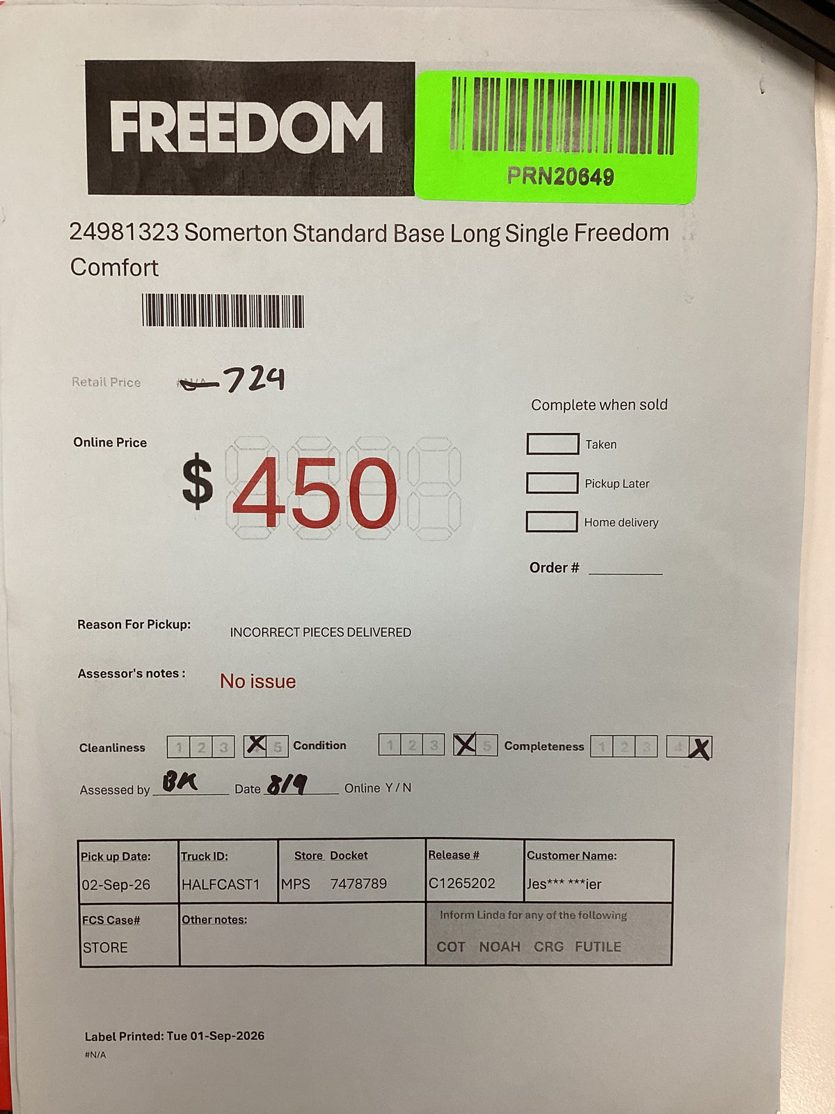 NSW PRN20649 Somerton Standard Base Long Single Freedom Comfort