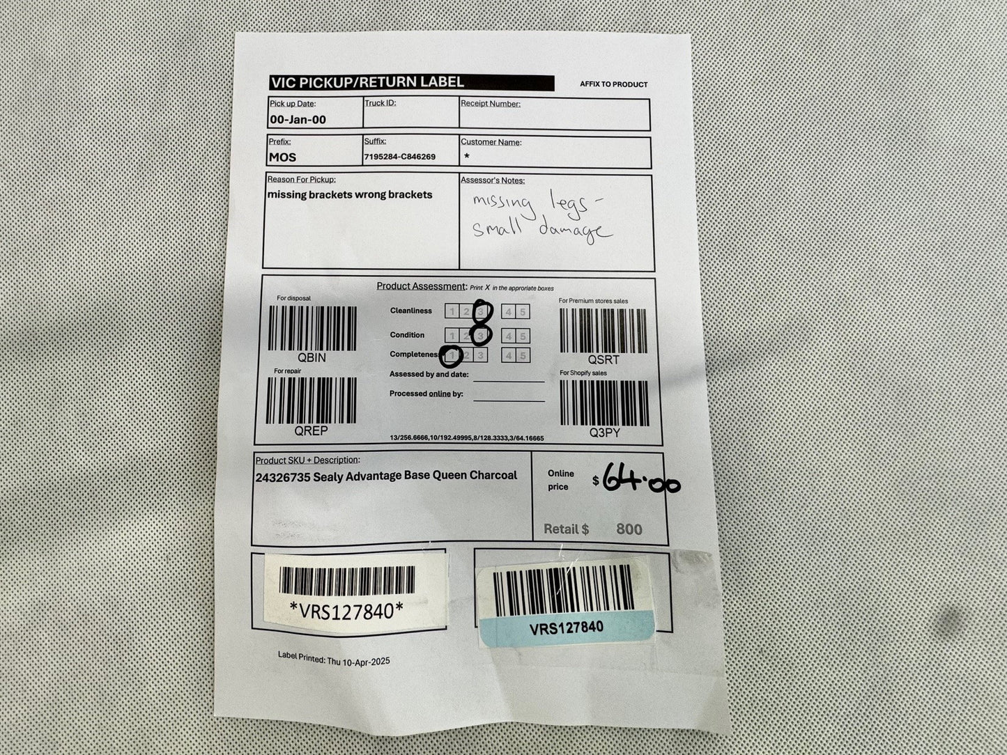 VICDC Sealy Advantage Base Queen Charcoal 24326735|VRS127840
