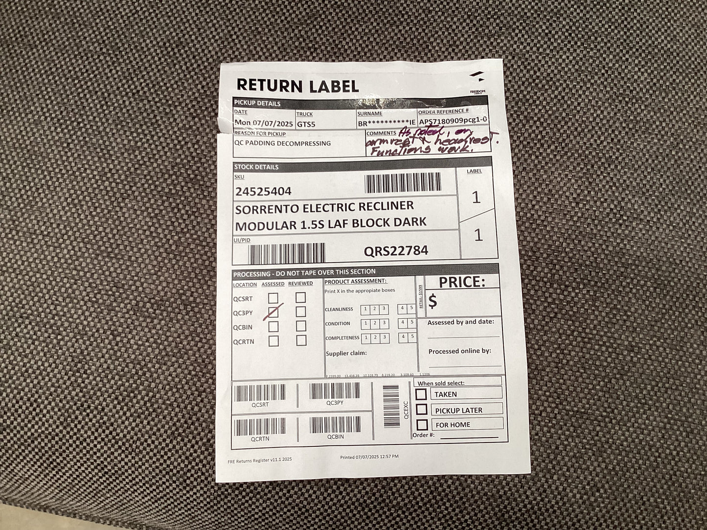 QLD QRS22784 Sorrento Electric Recliner Modular 1.5S (1of2)