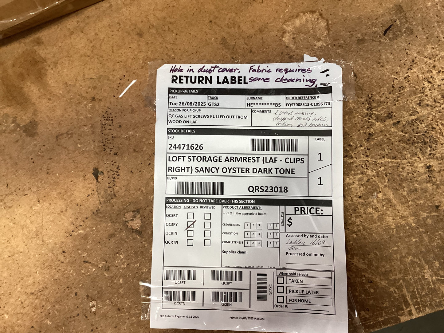 QLD QRS23018 Loft Storage Armrest (LAF - Clips Right)