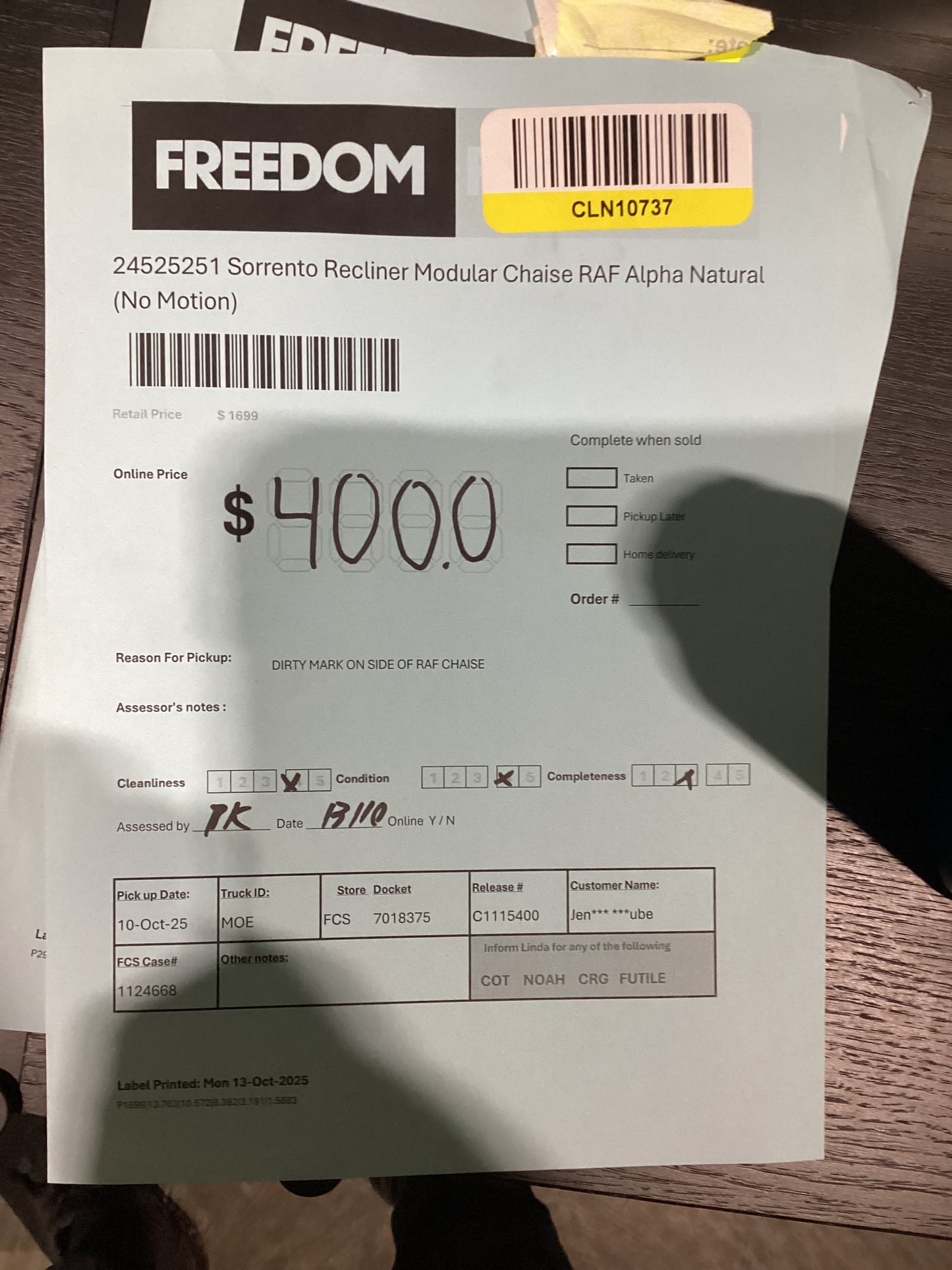 NSW CLN10737 Sorrento Recliner Modular Chaise RAF Alpha Natural