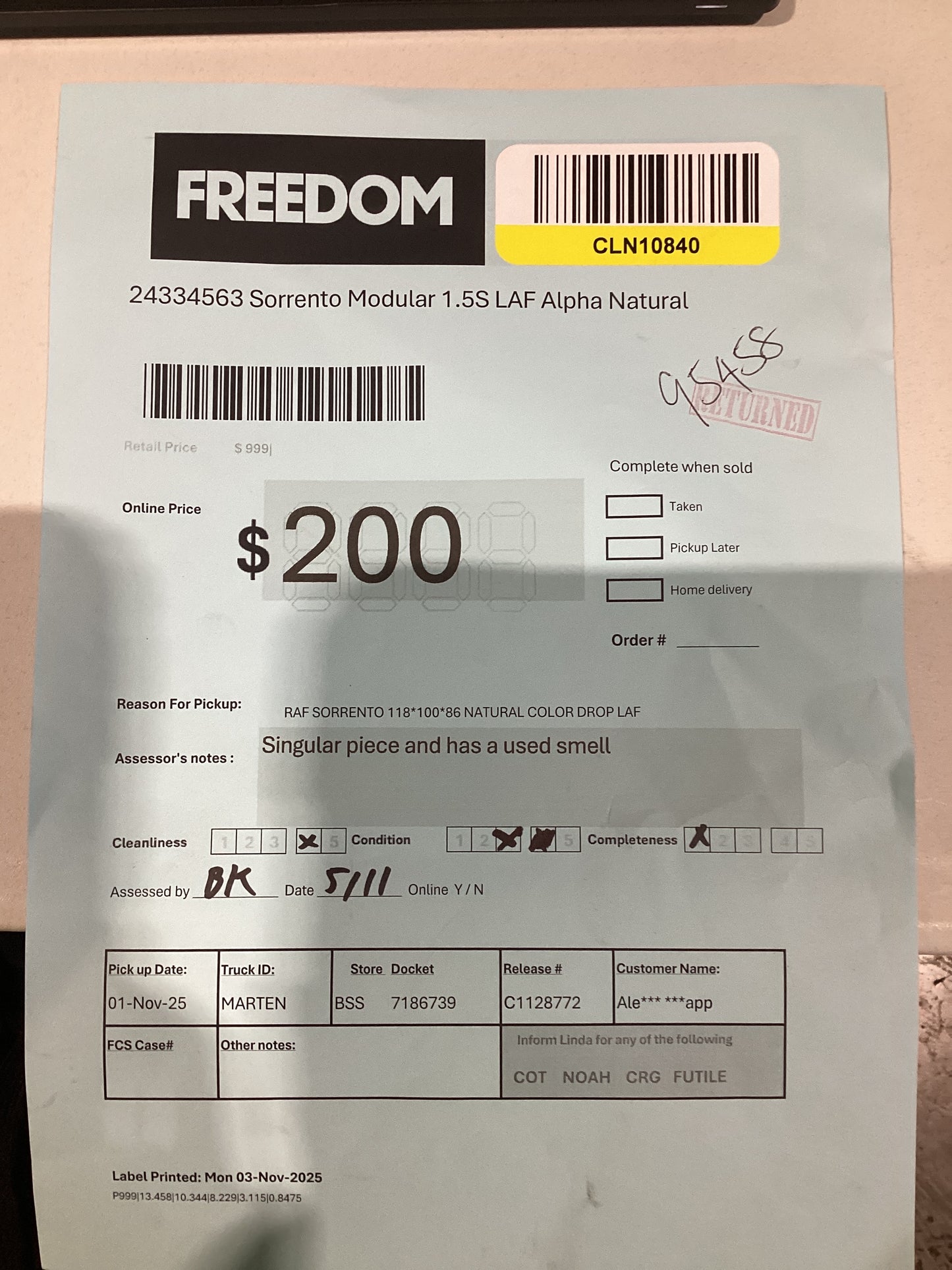 NSW CLN10840 Sorrento Modular 1.5S LAF Alpha Natural