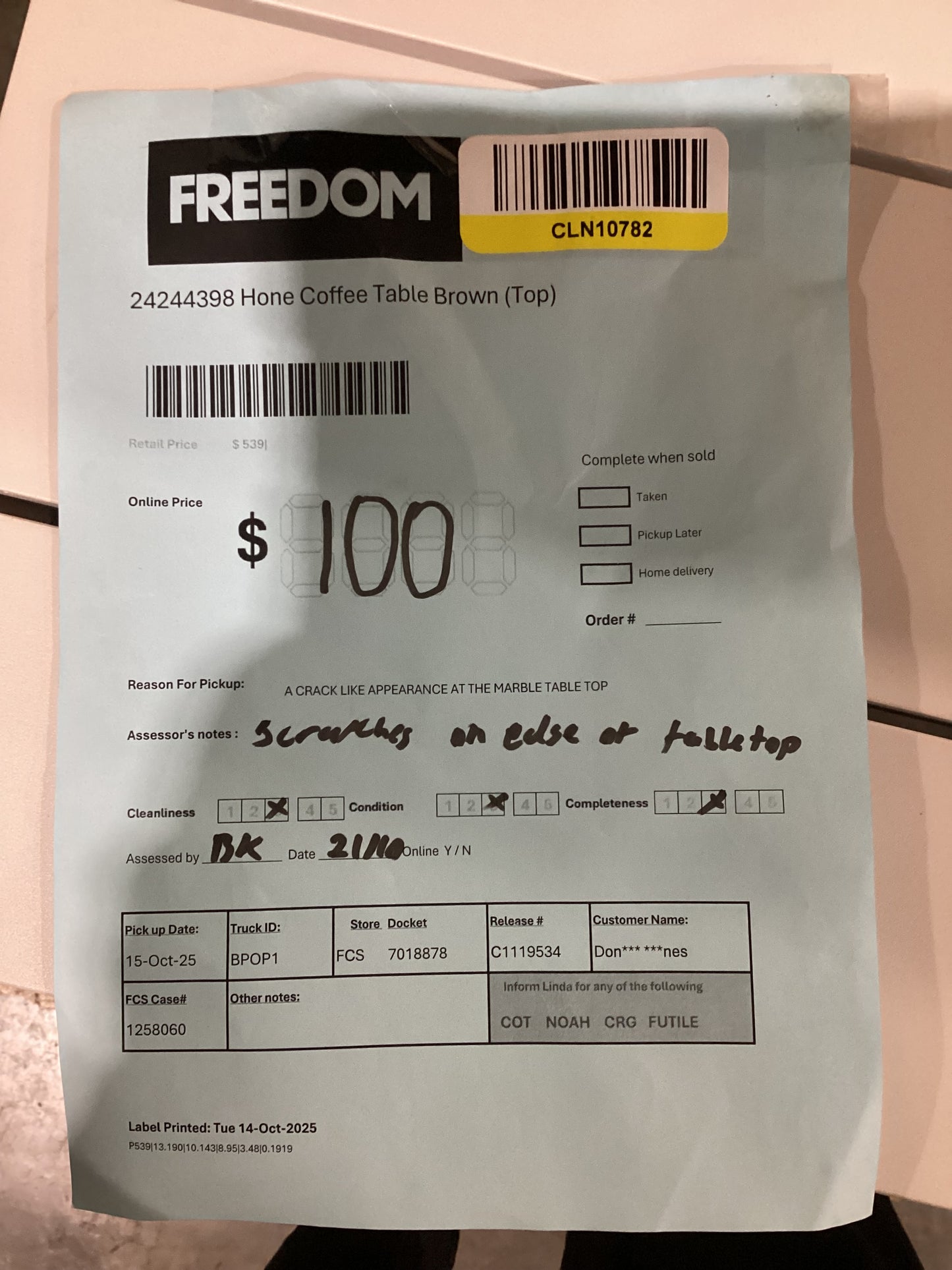 NSW CLN10782 Hone Coffee Table Brown (Top)