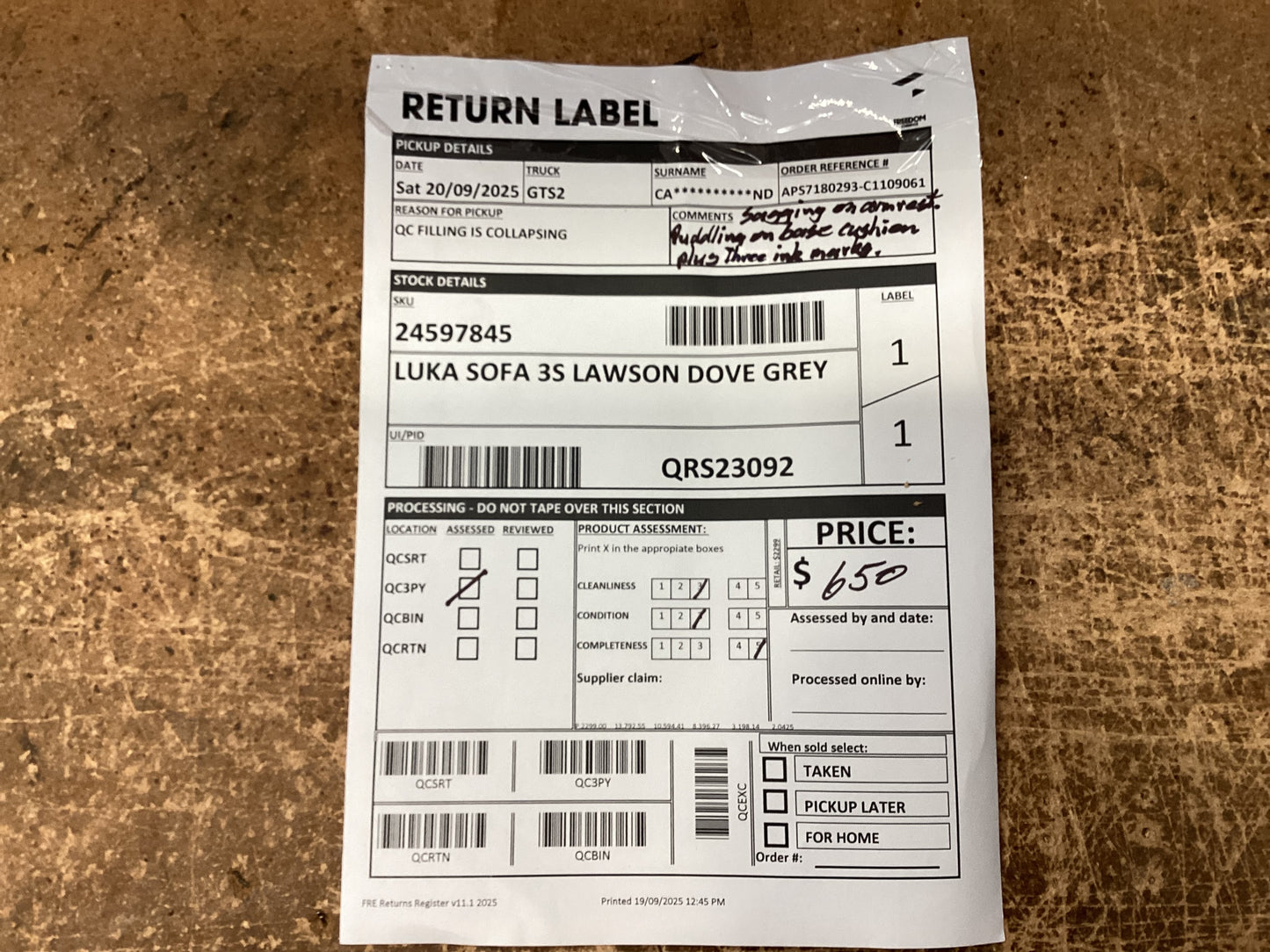 QLD QRS23092 Luka Sofa 3S Lawson Dove Grey
