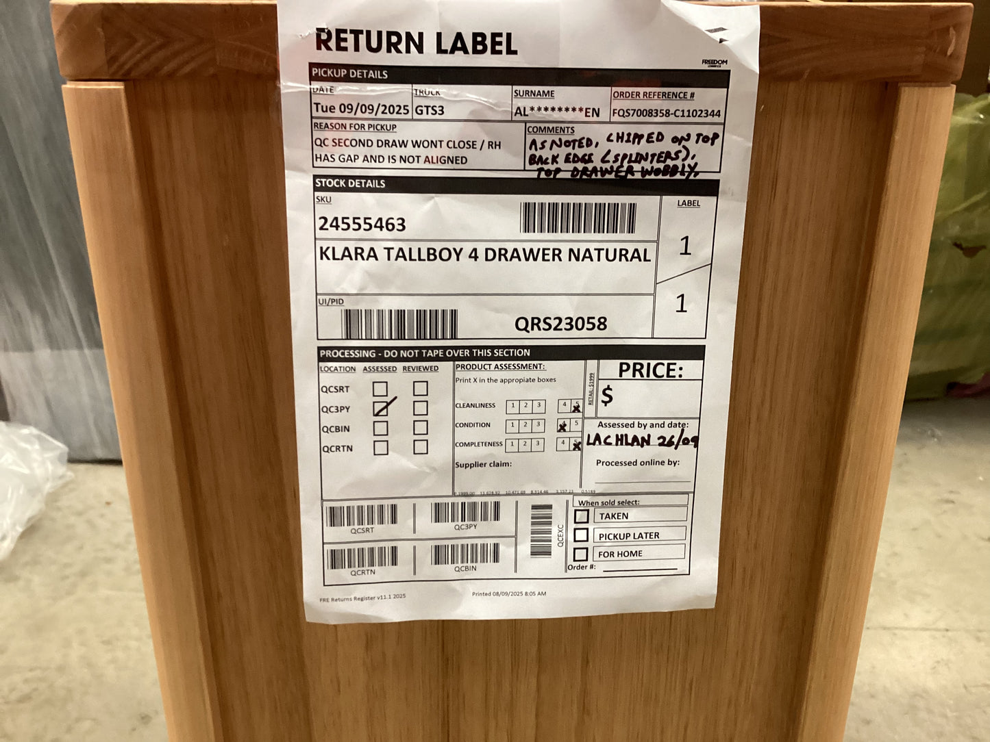 QLD QRS23058 Klara Tallboy 4 Drawer  Natural