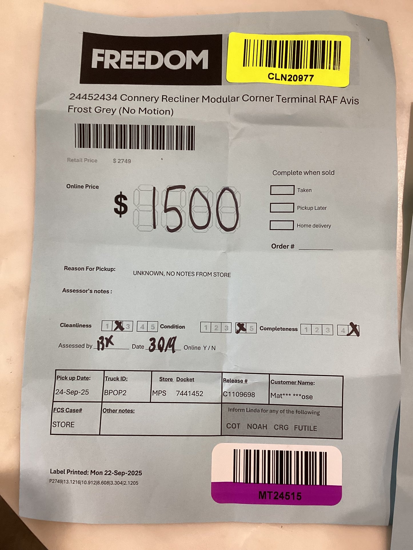 NSW MT24515 Connery Recliner Modular Corner Terminal RAF+2.5S LAF Alvis Frost Grey (1 Motion)