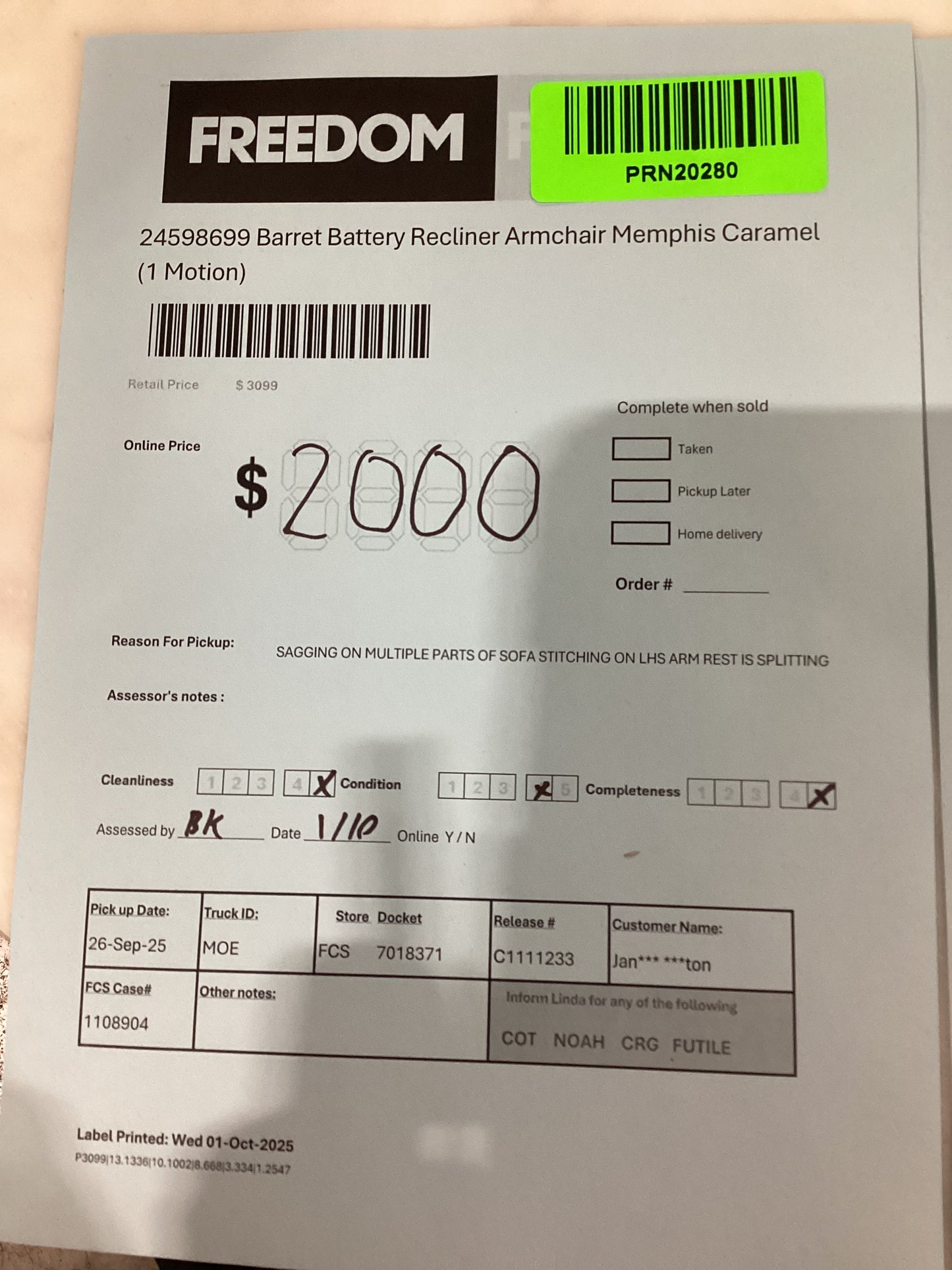 NSW PRN20280 Barret Battery Recliner Armchair Memphis Caramel