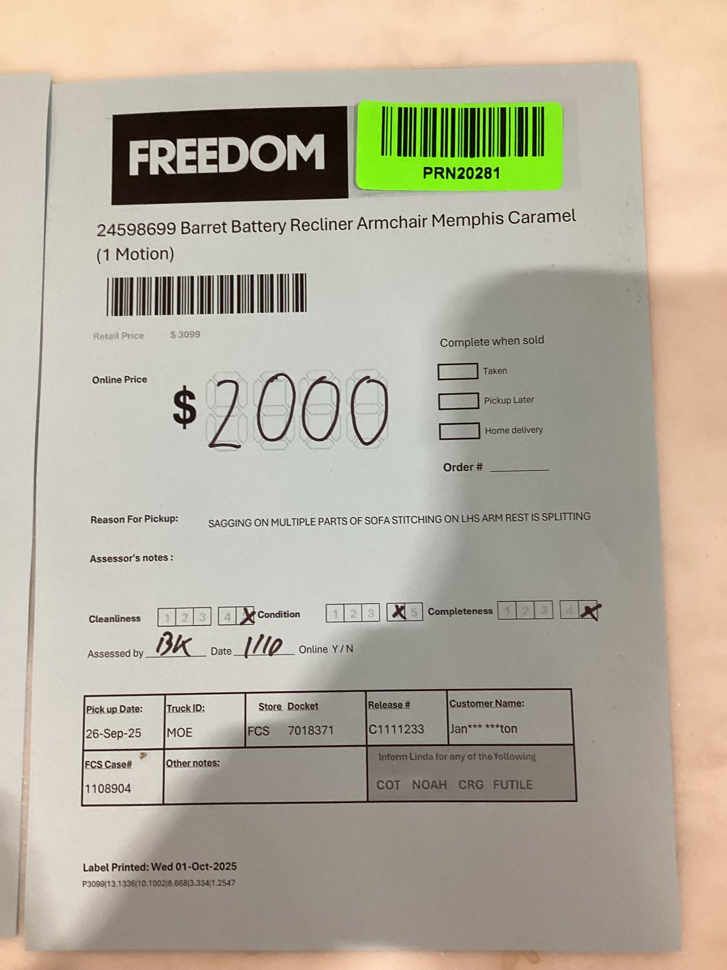 NSW PRN20281 Barret Battery Recliner Armchair Memphis Caramel