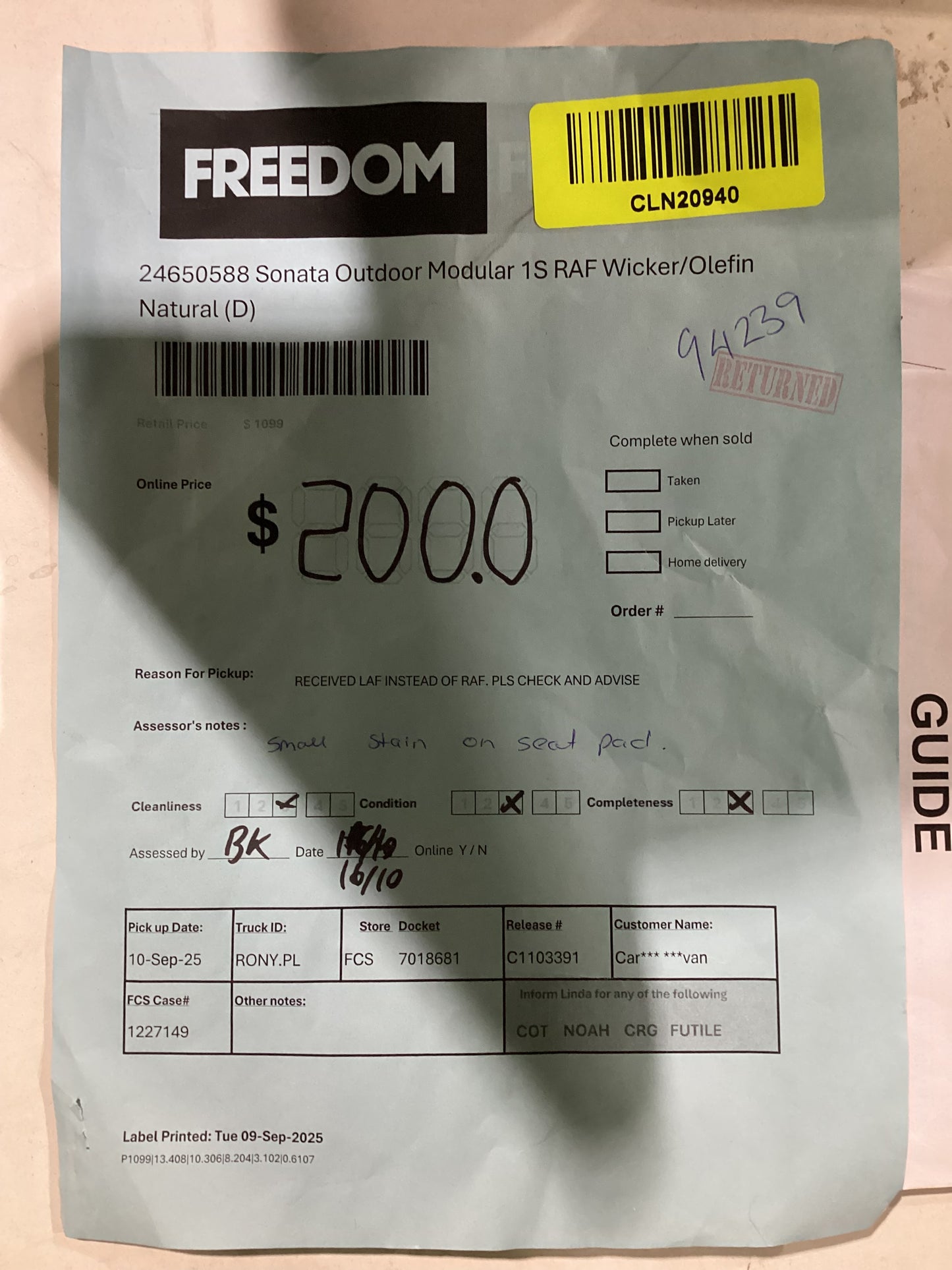 NSW CLN20940 Sonata Outdoor Modular 1S RAF Wicker/Olefin Natural