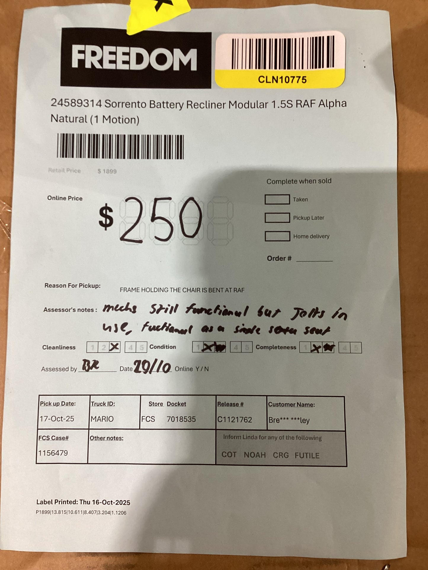 NSW CLN10775 Sorrento Battery Recliner Modular 1.5S RAF Alpha Natural 1 Motion