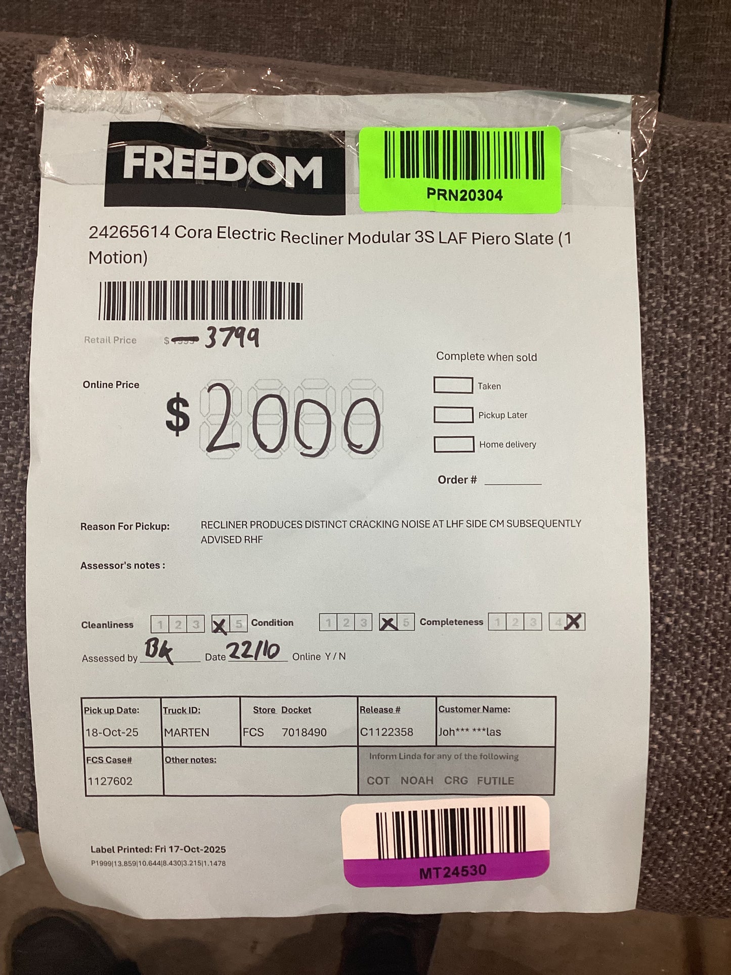 NSW MT24530 Cora Electric Recliner Modular 3S LAF (1 Motion) +Corner Terminal RAF Piero Slate