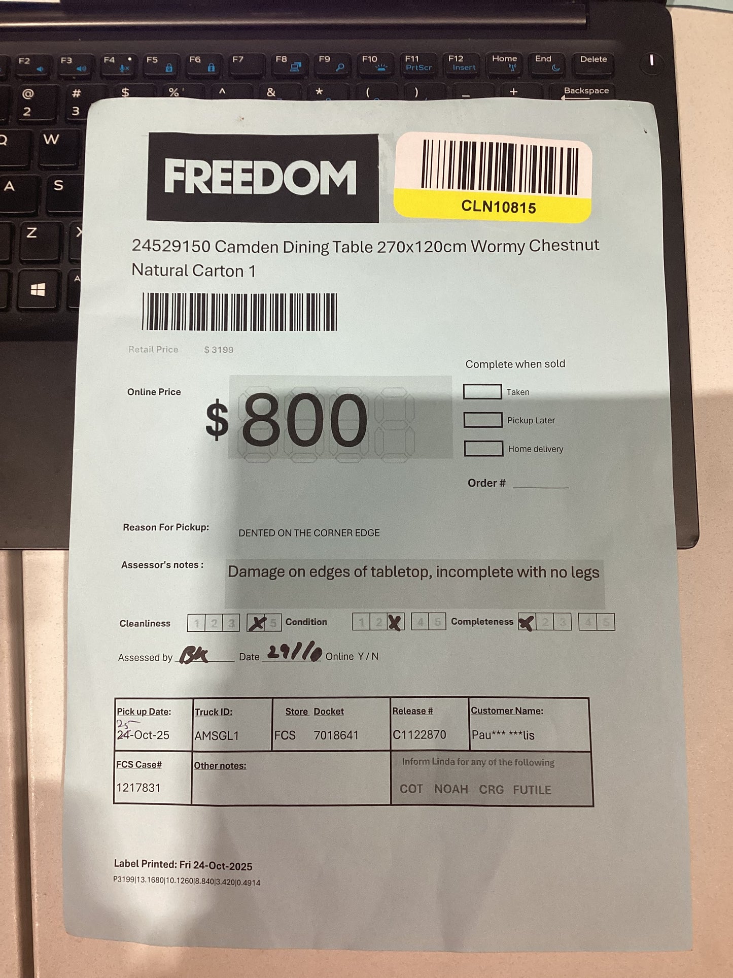 NSW CLN10815 Camden Dining Table 270x120cm Wormy Chestnut Natural Tabletop