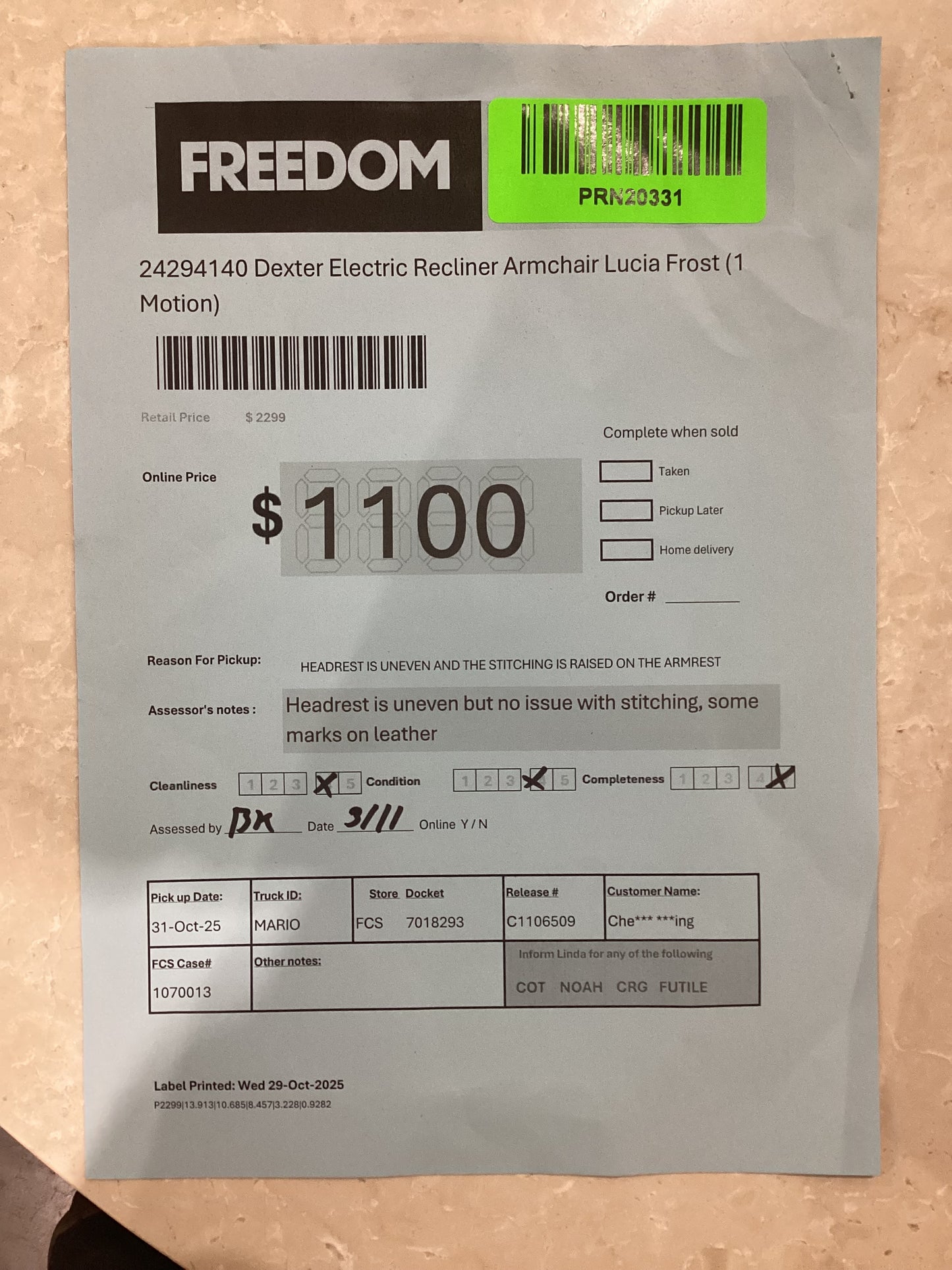 NSW PRN20331 Dexter Electric Armchair Lucia Frost (1 Motion)