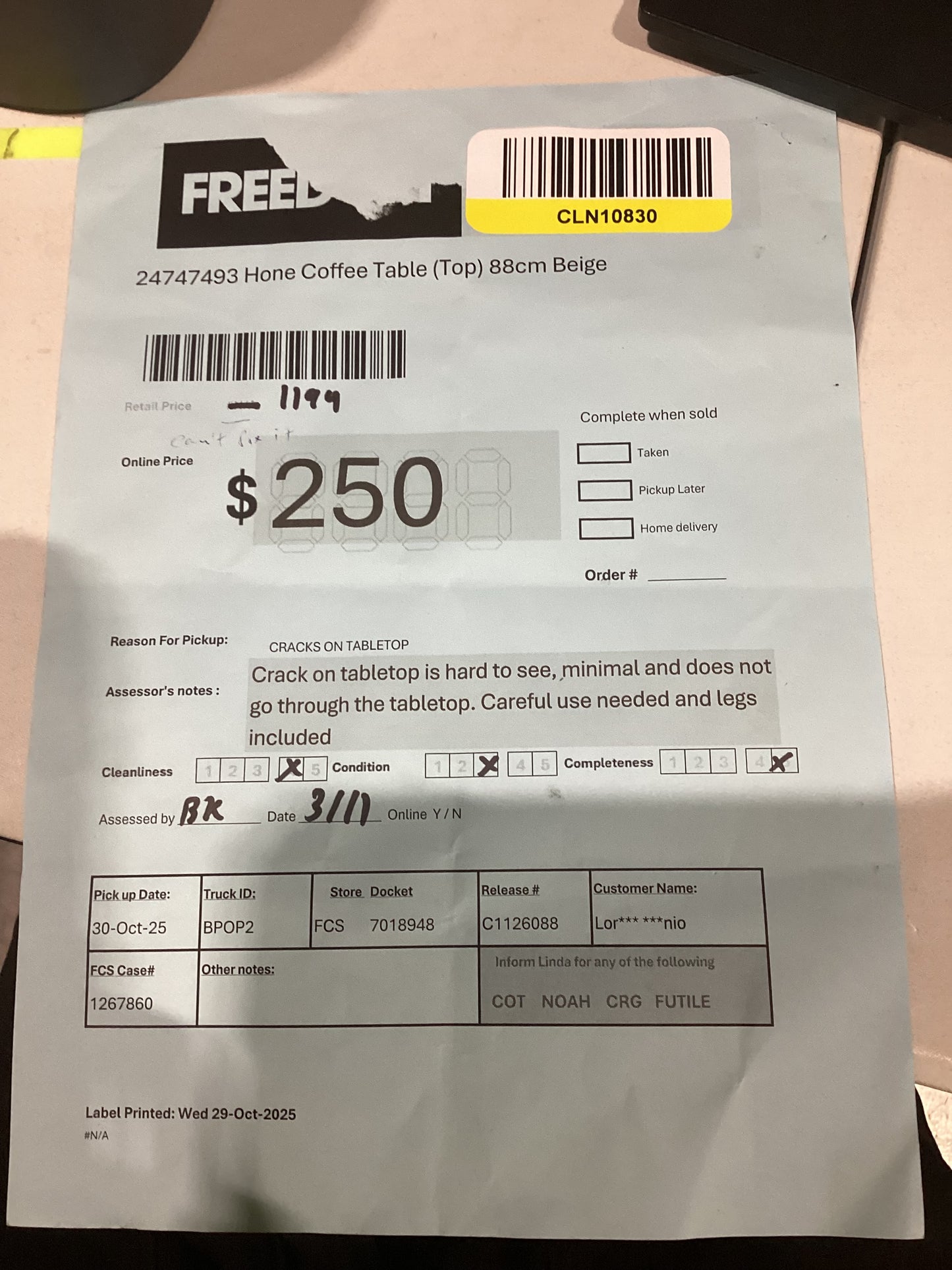 NSW CLN10830 Hone Coffee Table 88cm Beige