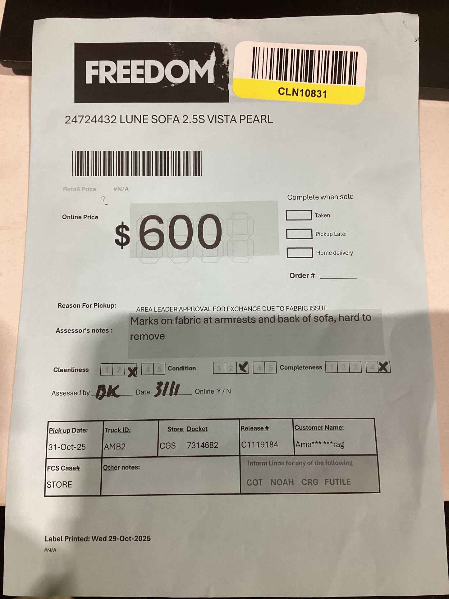 NSW CLN10831 Lune Sofa 2.5S Vista Pearl