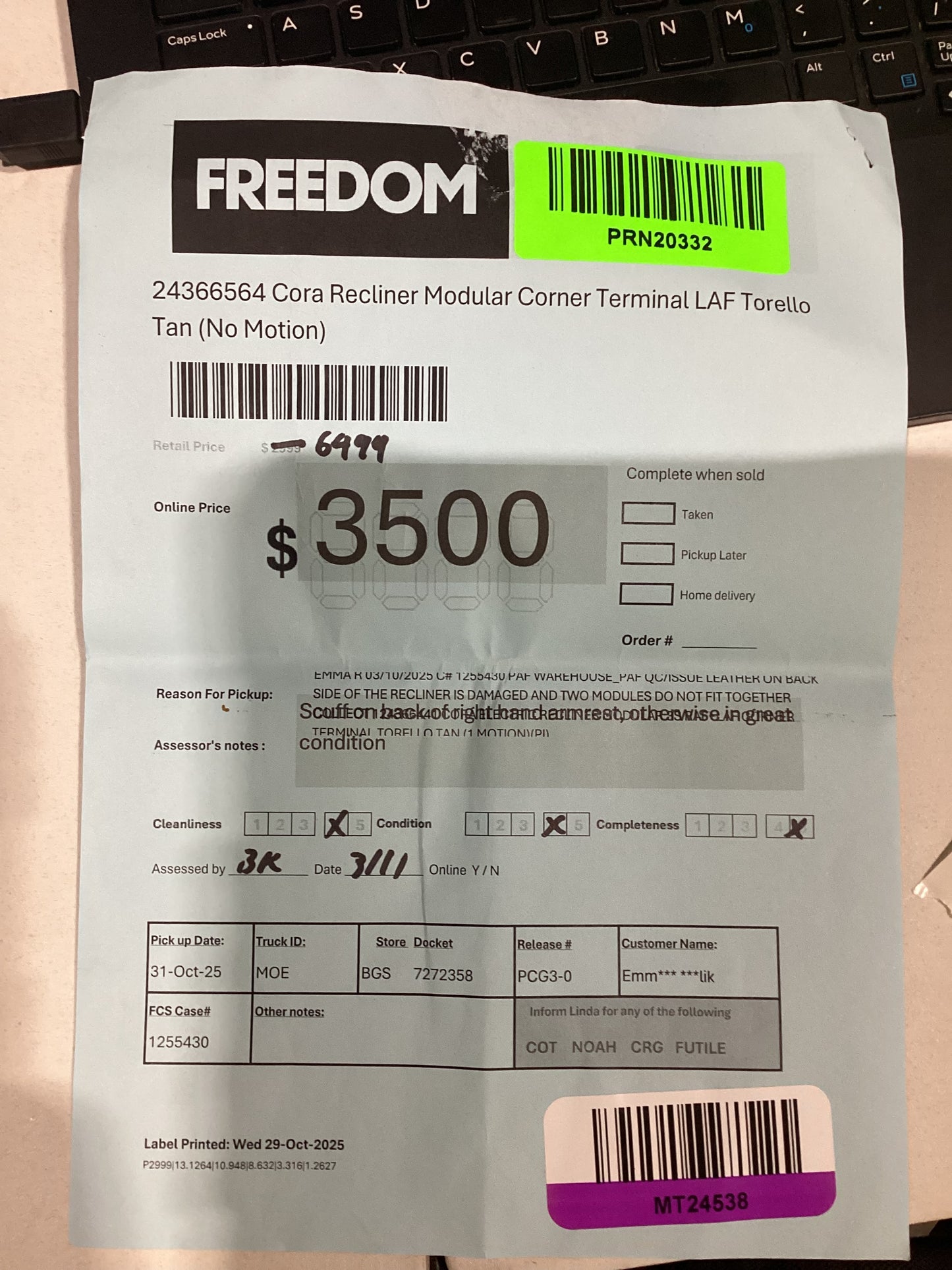 NSW MT24538 Cora Recliner Modular Corner Terminal LAF+3S RAF Torello Tan (1 Motion)