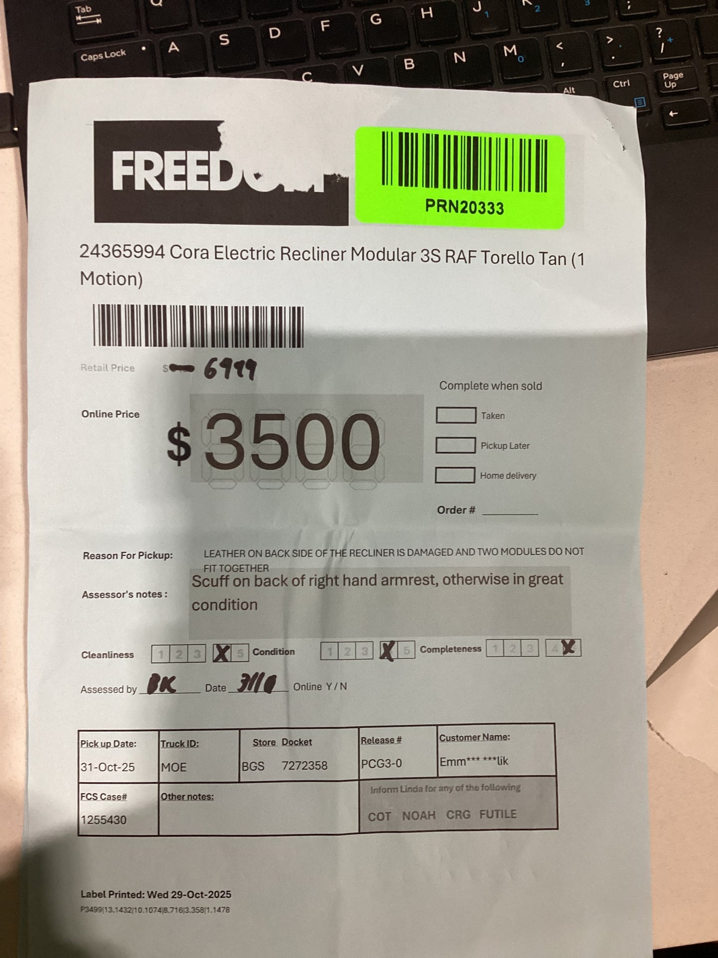 NSW MT24538 Cora Recliner Modular Corner Terminal LAF+3S RAF Torello Tan (1 Motion)