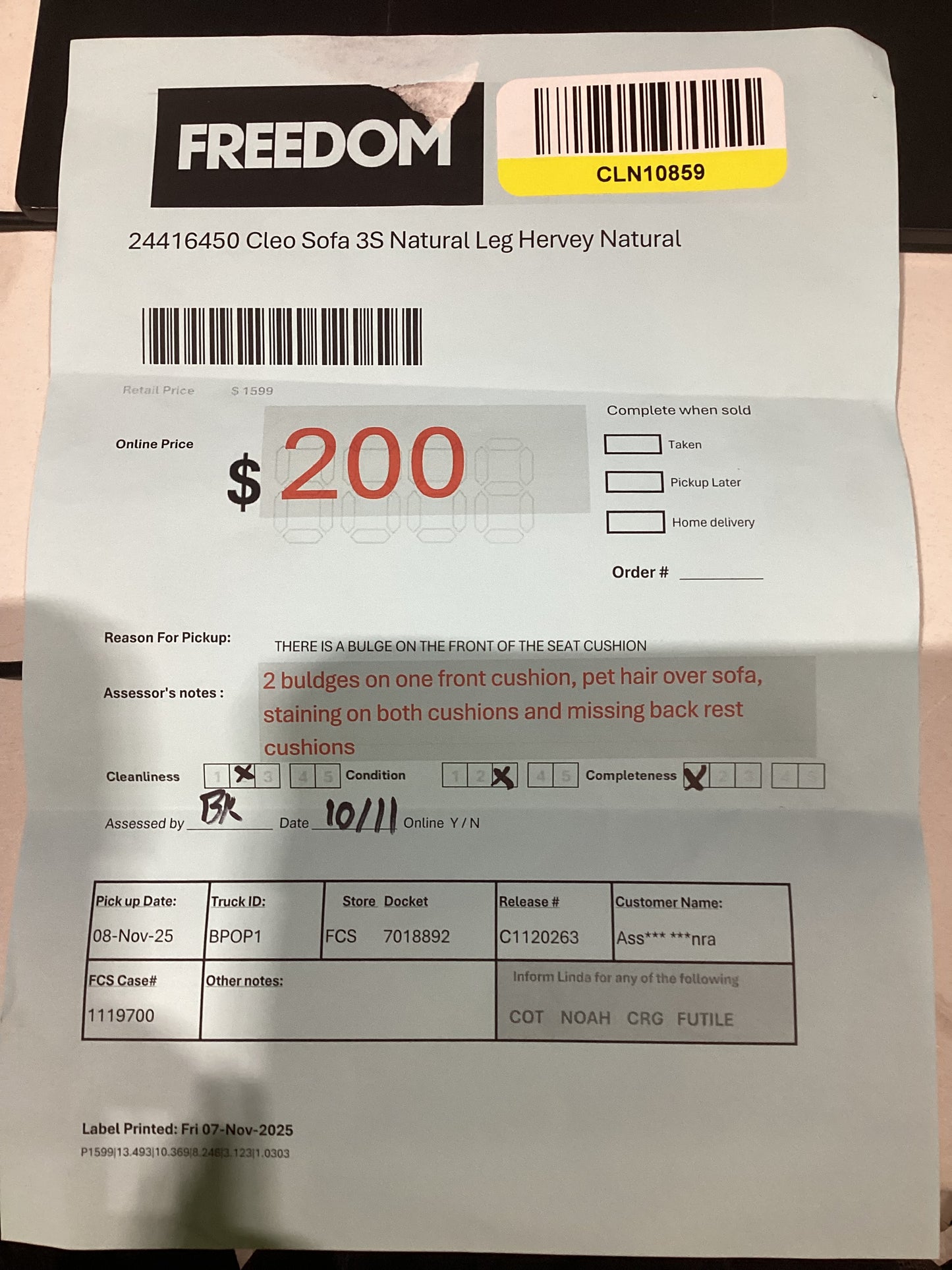 NSW CLN10859 Cleo Sofa 3S Natural Leg Hervey Natural