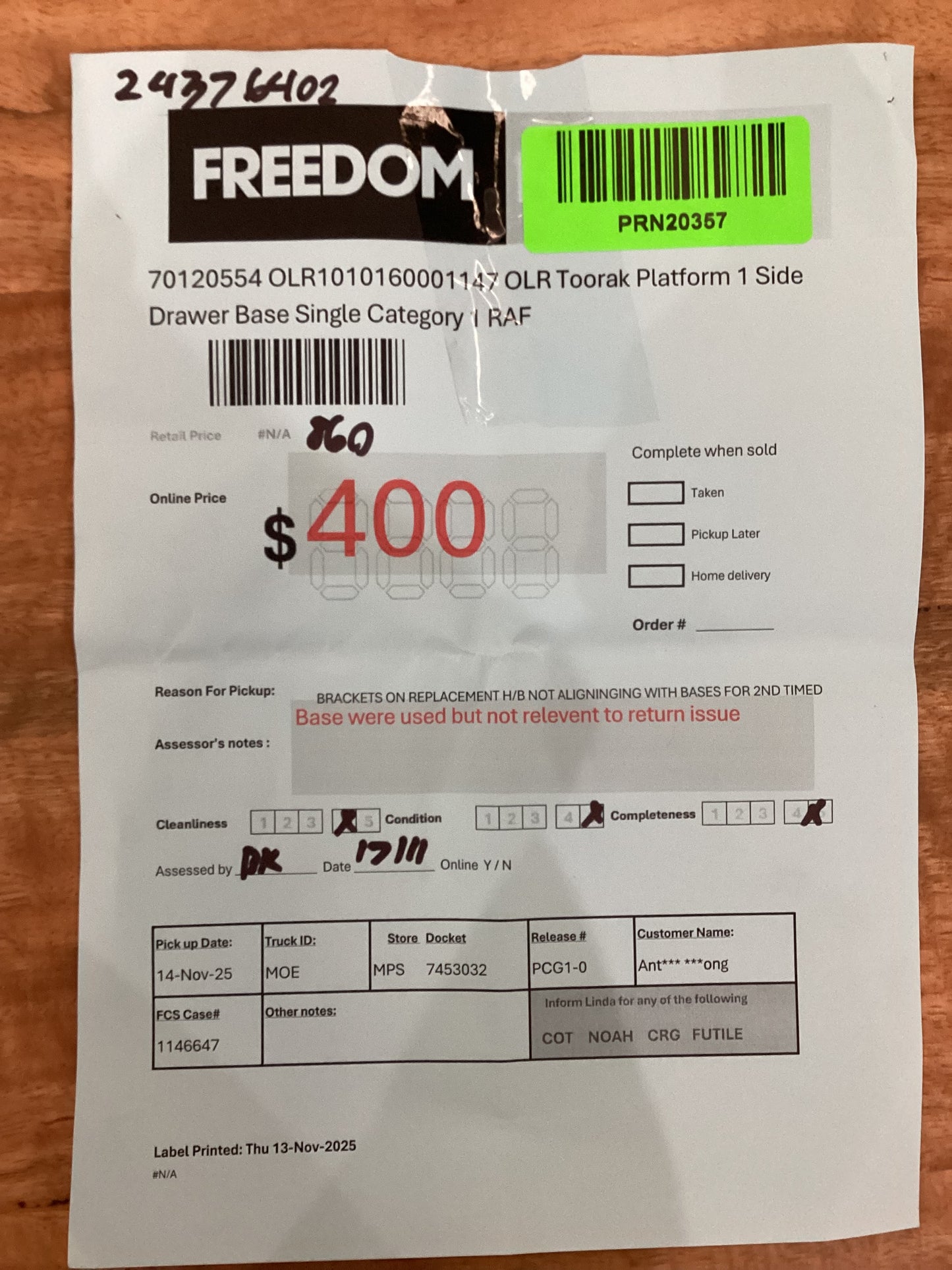 NSW PRN20357 Toorak Platform 1 Side Drawer Bse Single RAF