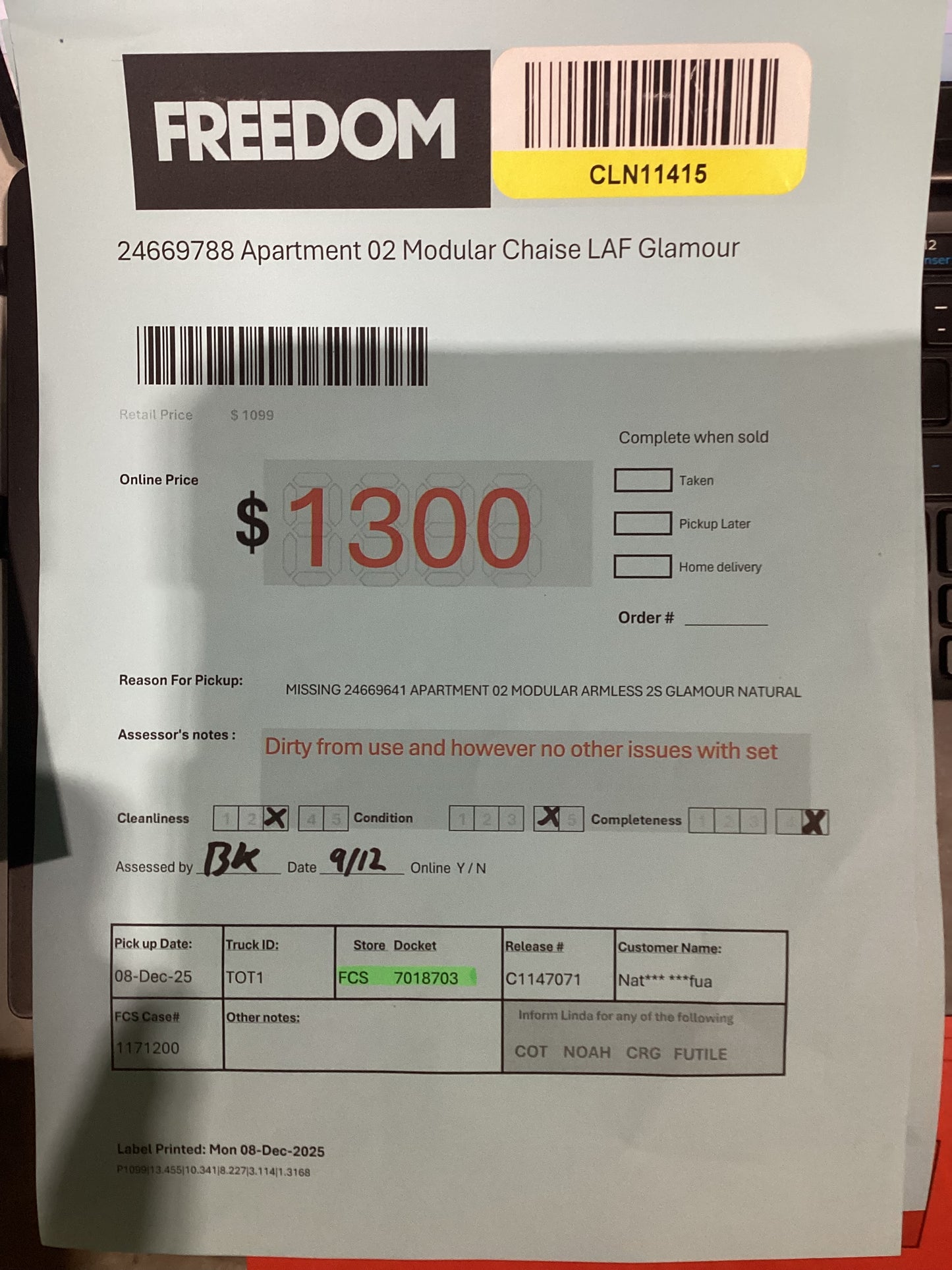 NSW MT24588 Apartment Modular LAF Chaise+Corner+End Terminal  RAF+ 2S Armless Glamour Natural