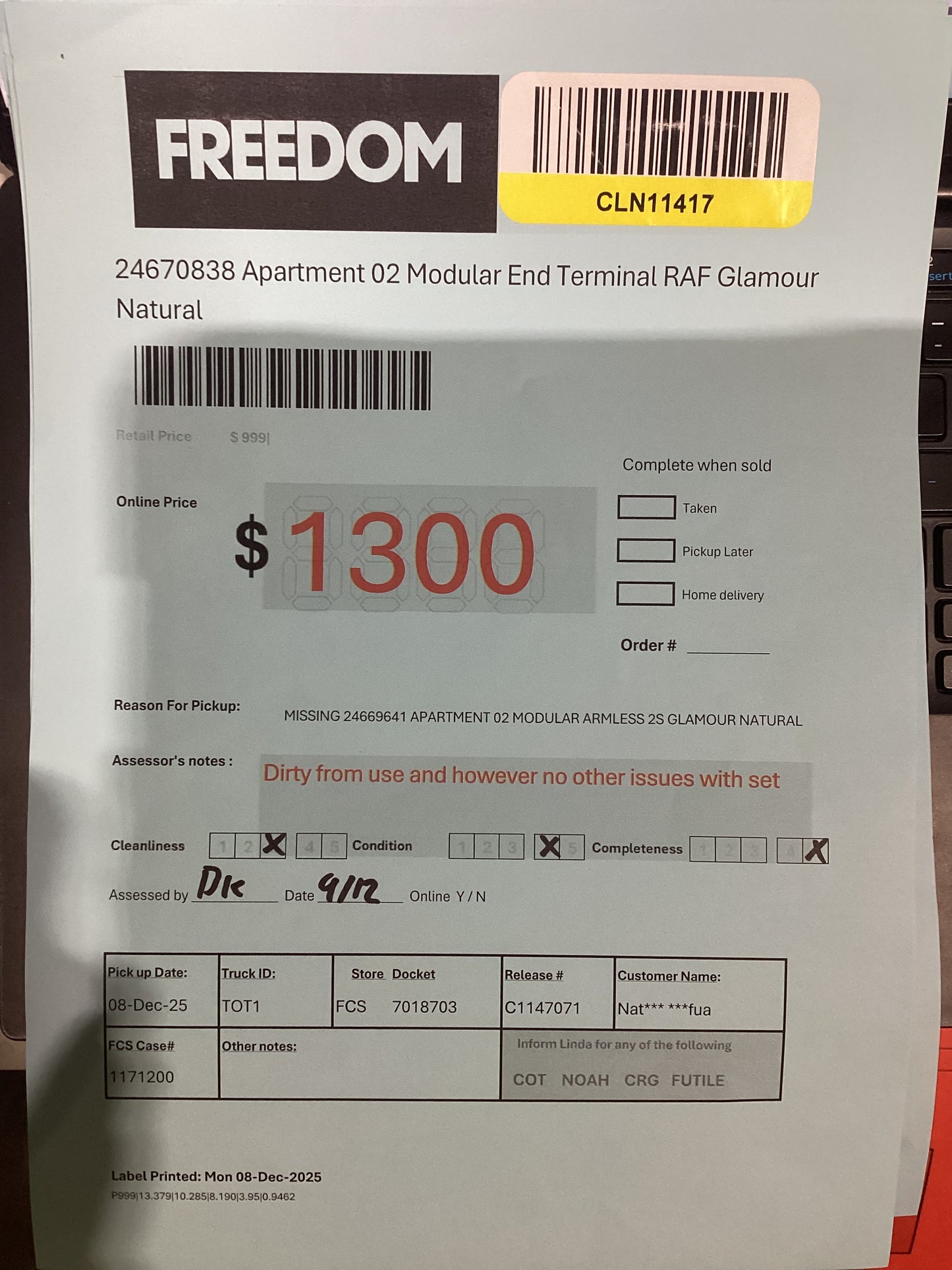 NSW MT24588 Apartment Modular LAF Chaise+Corner+End Terminal  RAF+ 2S Armless Glamour Natural