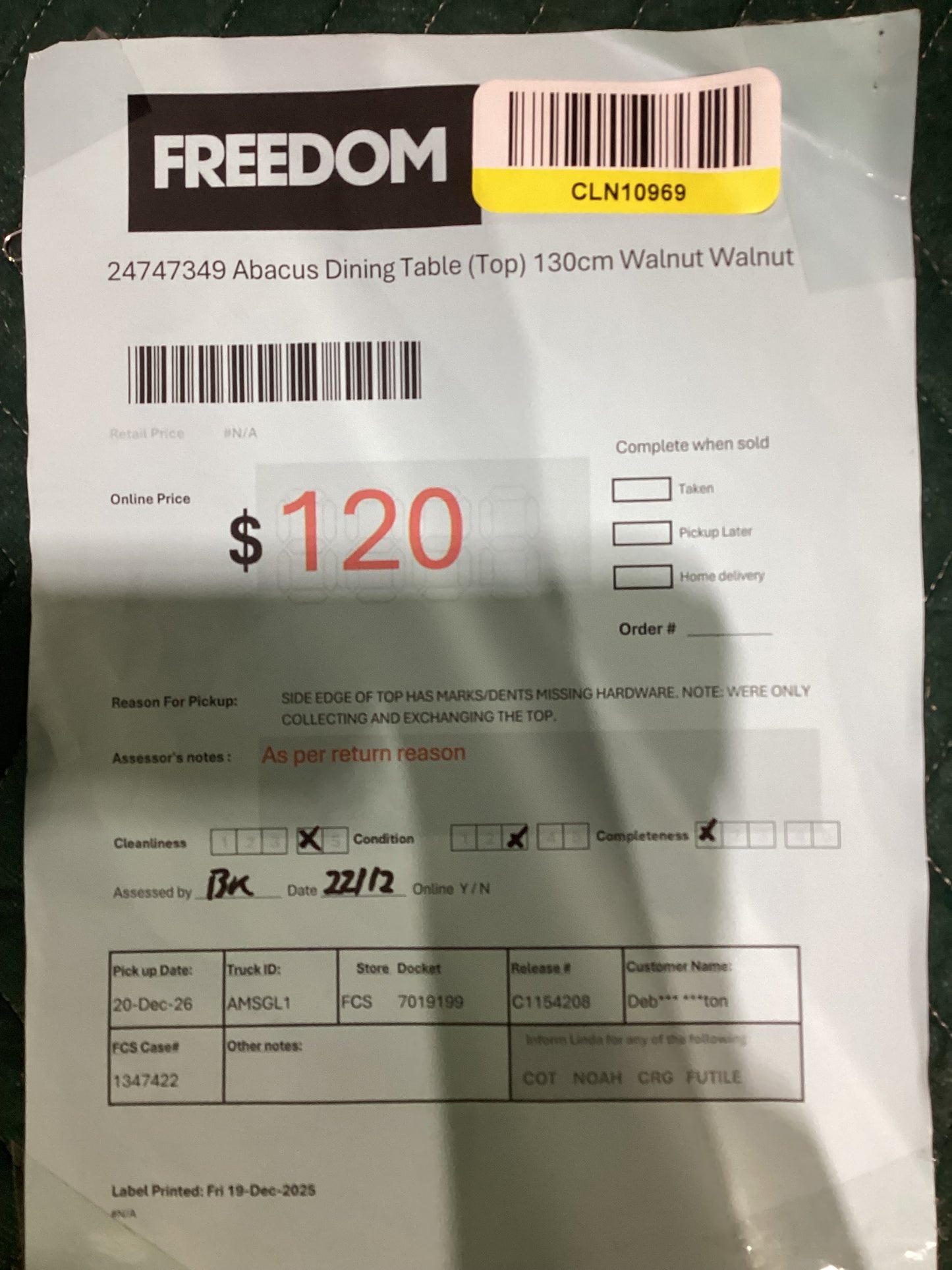 NSW CLN10969 Abacus Dining Table Top 130cm Walnut