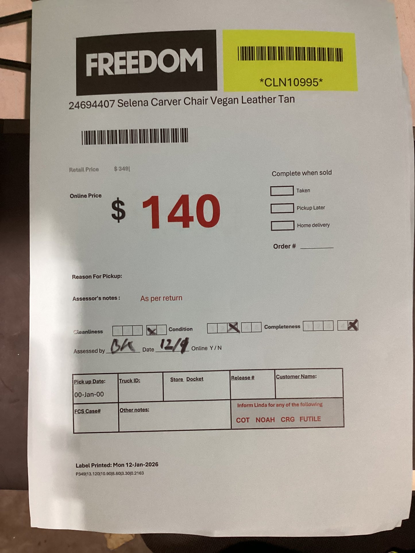 NSW CLN10995 Selena Carver Chair Vegan Leather Tan