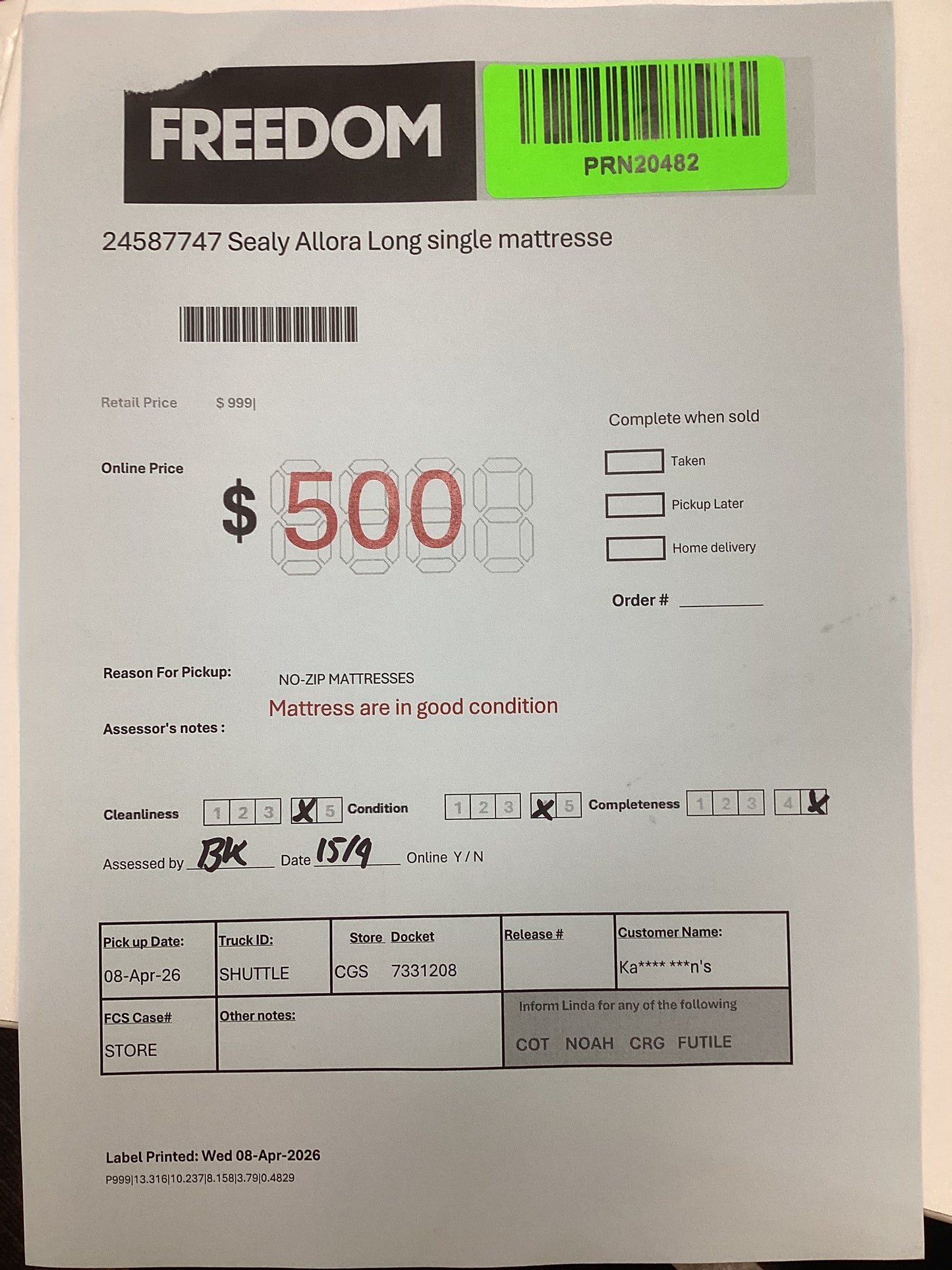NSW PRN20482 Sealy Allora Long Single Mattress