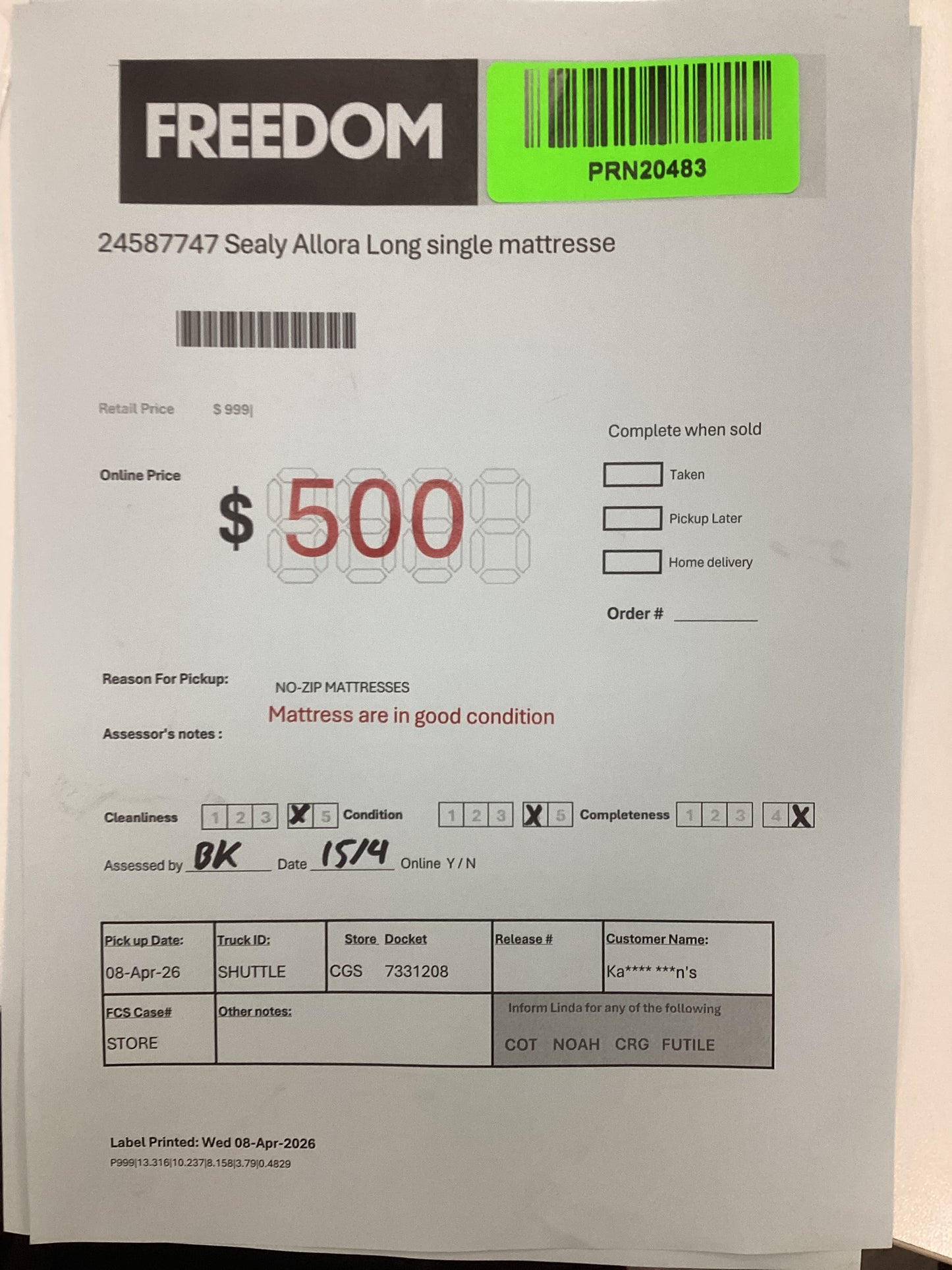 NSW PRN20483 Sealy Allora Long Single Single Mattress