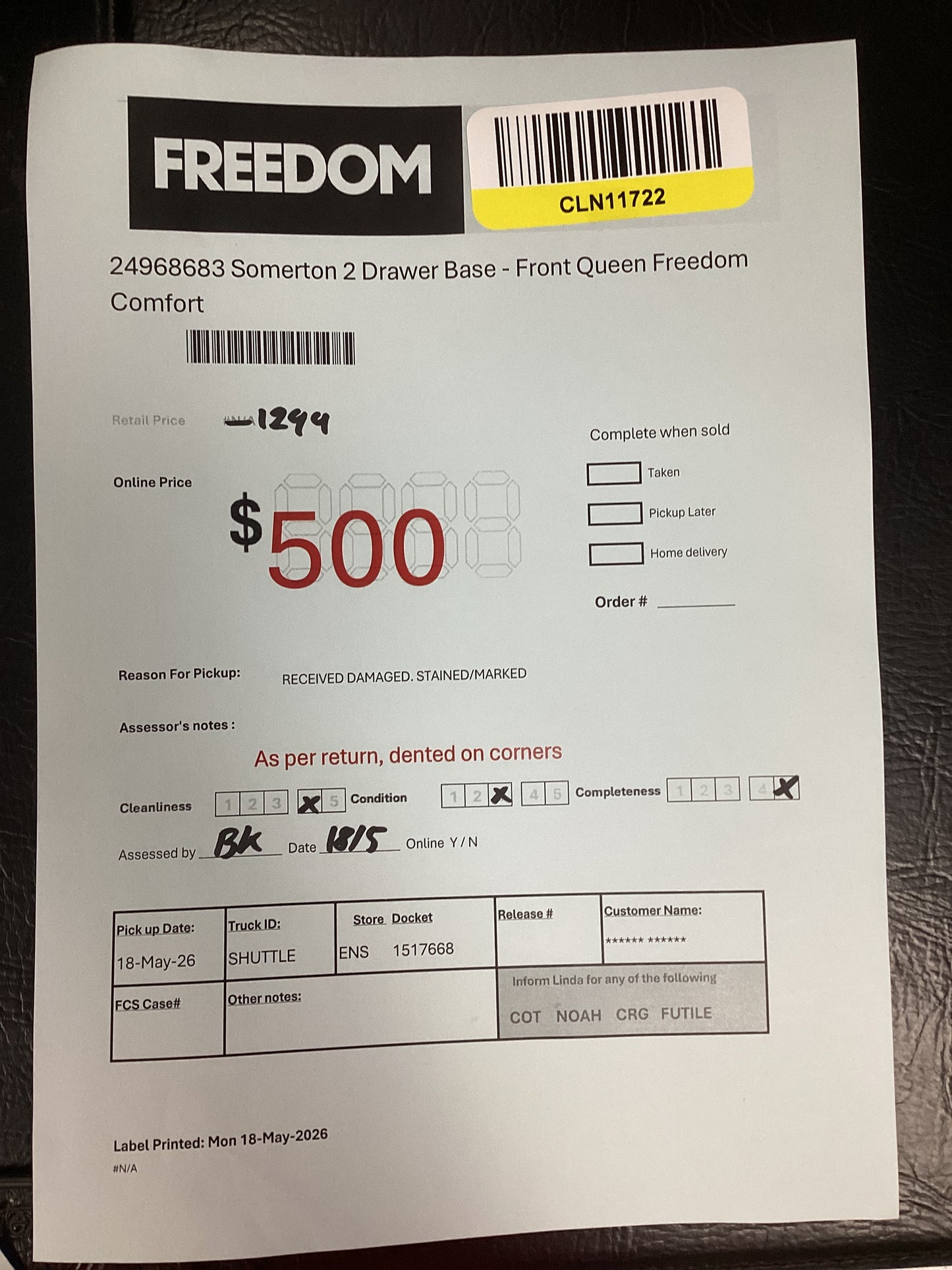 NSW CLN11722 Somerton Drawer Base Front Queen Freedom Comfort