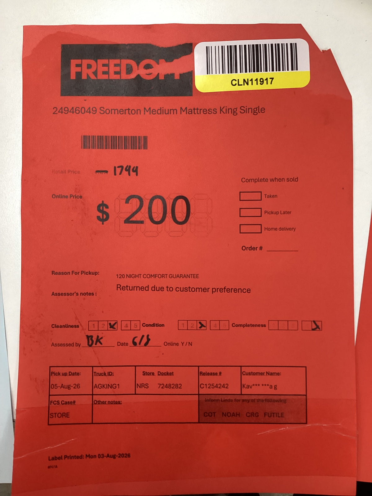 NSW CLN11917 Somerton Medium Mattress King Single