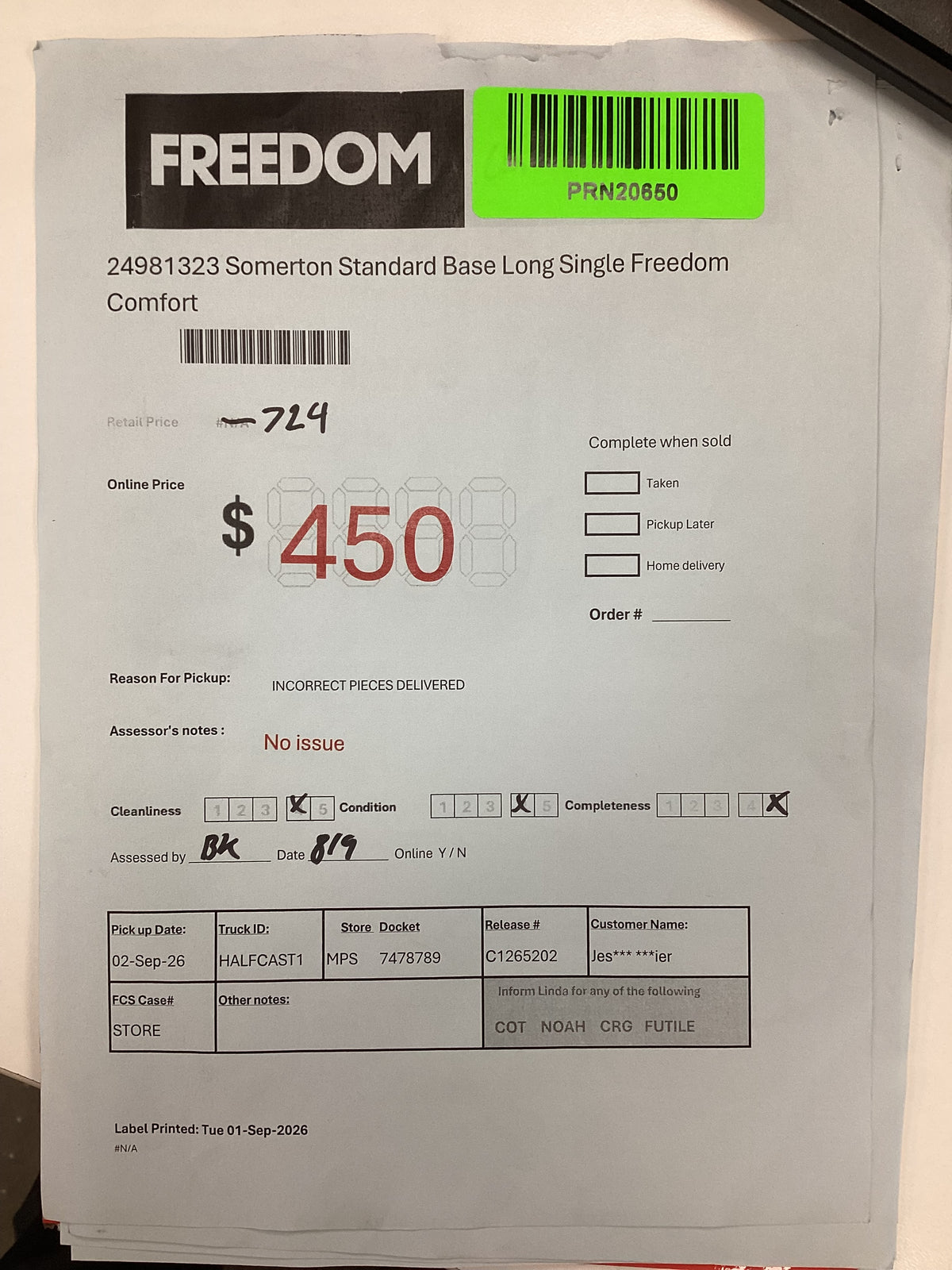 NSW PRN20650 Somerton Standard Base Long Single Freedom Comfort